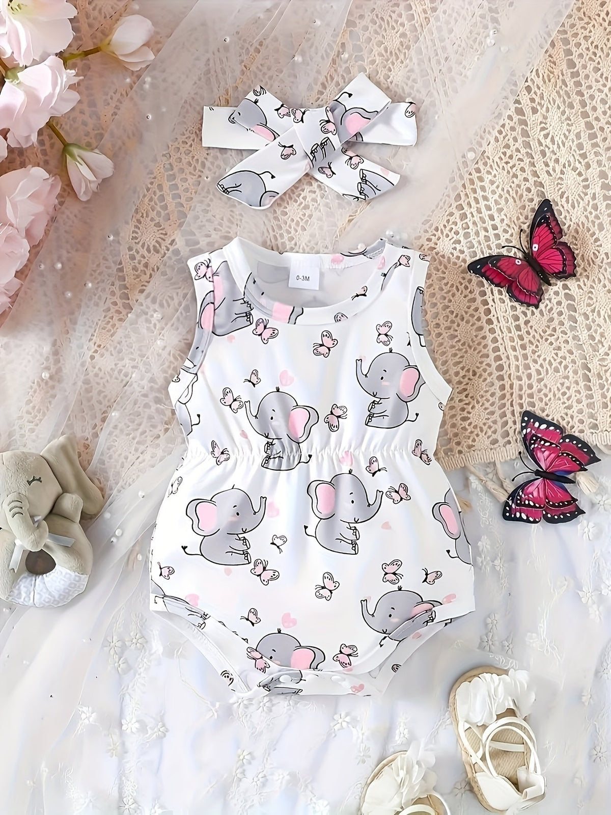 Baby Girls' Elephant Bodysuit in White with Pink Butterfly Print and a Matching Bow Headband for Summer