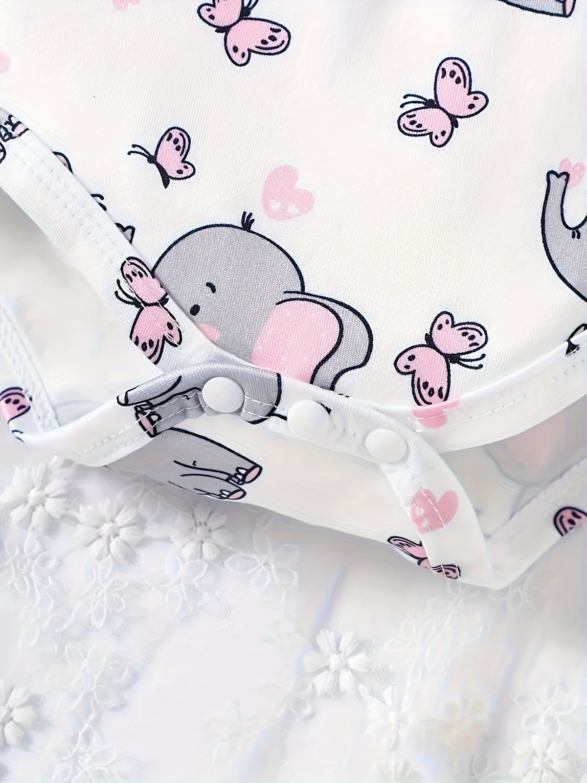 Baby Girls' Elephant Bodysuit in White with Pink Butterfly Print and a Matching Bow Headband for Summer