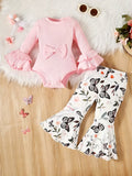Baby Girl Outfit Set with a Pink Bow Front Bodysuit and Butterfly Flared Pants for Coordinated Daytime Wear