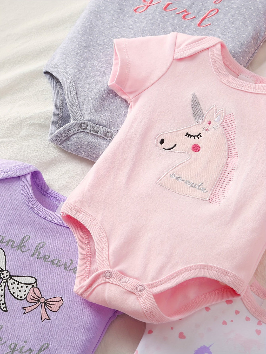 Baby Short Sleeve Bodysuits 5-Pack with Unicorn or Vehicle Prints and Crotch Snaps for Daily Changes