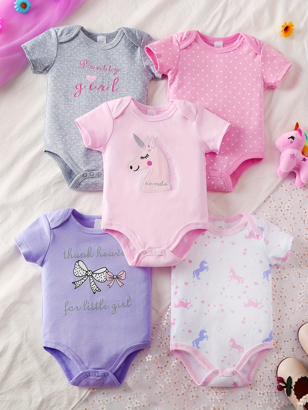 Baby Short Sleeve Bodysuits 5-Pack with Unicorn or Vehicle Prints and Crotch Snaps for Daily Changes