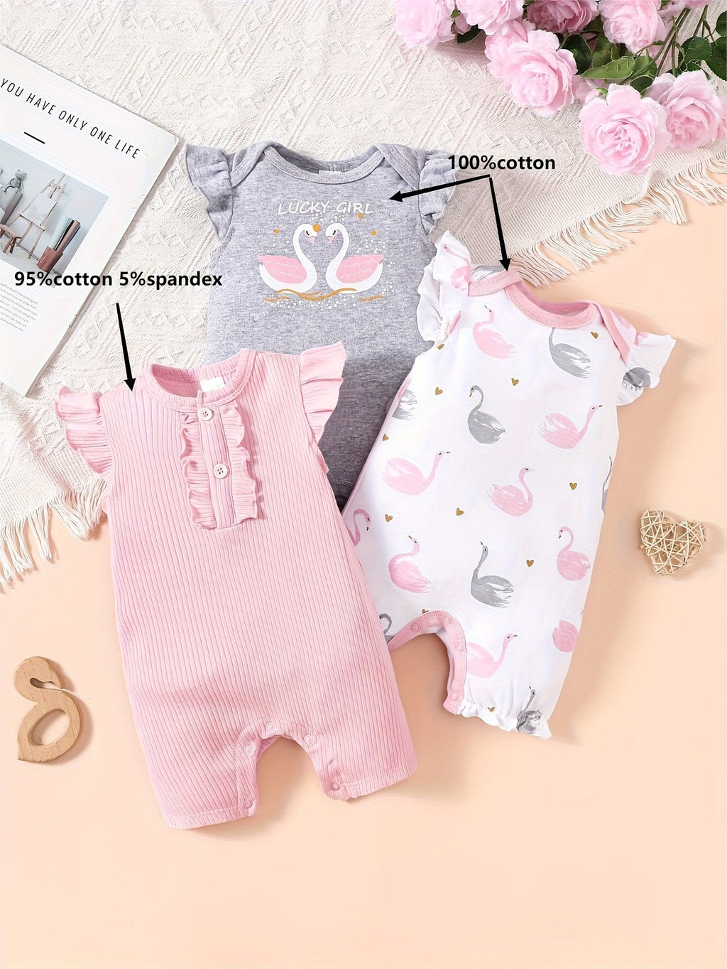 Baby Girl Swan Rompers Three Pack with Flutter Sleeve Details and Pink and Grey Designs for Summer Outfits