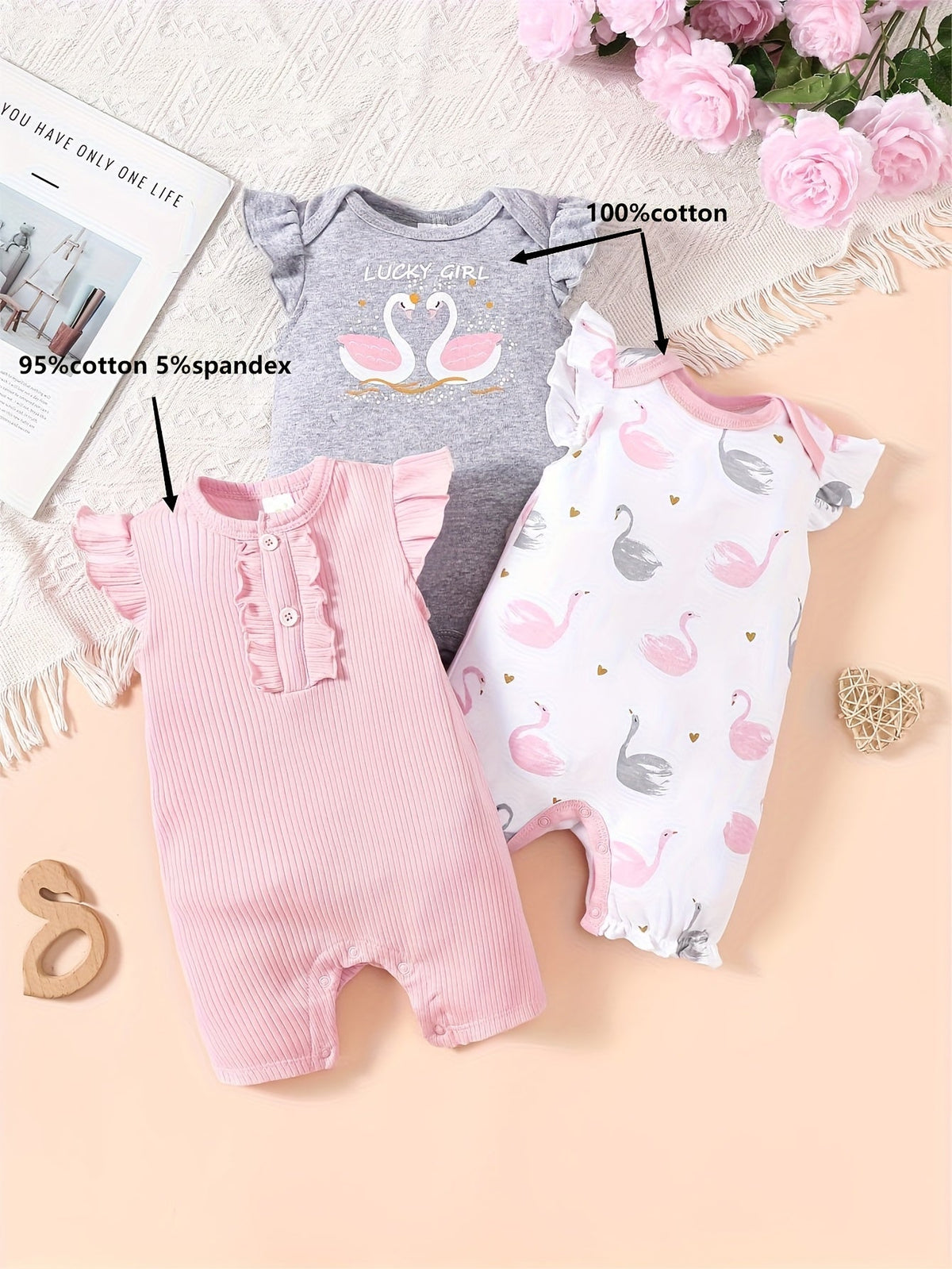 Baby Girl Swan Rompers Three Pack with Flutter Sleeve Details and Pink and Grey Designs for Summer Outfits