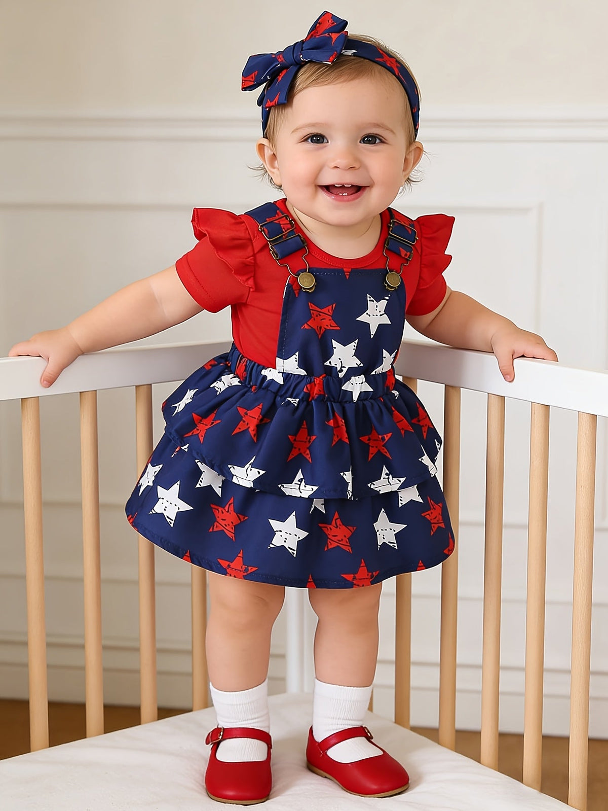 Baby Girl Outfit Set with a Red Ruffle Bodysuit and Star Print Pinafore for Fourth of July Celebrations