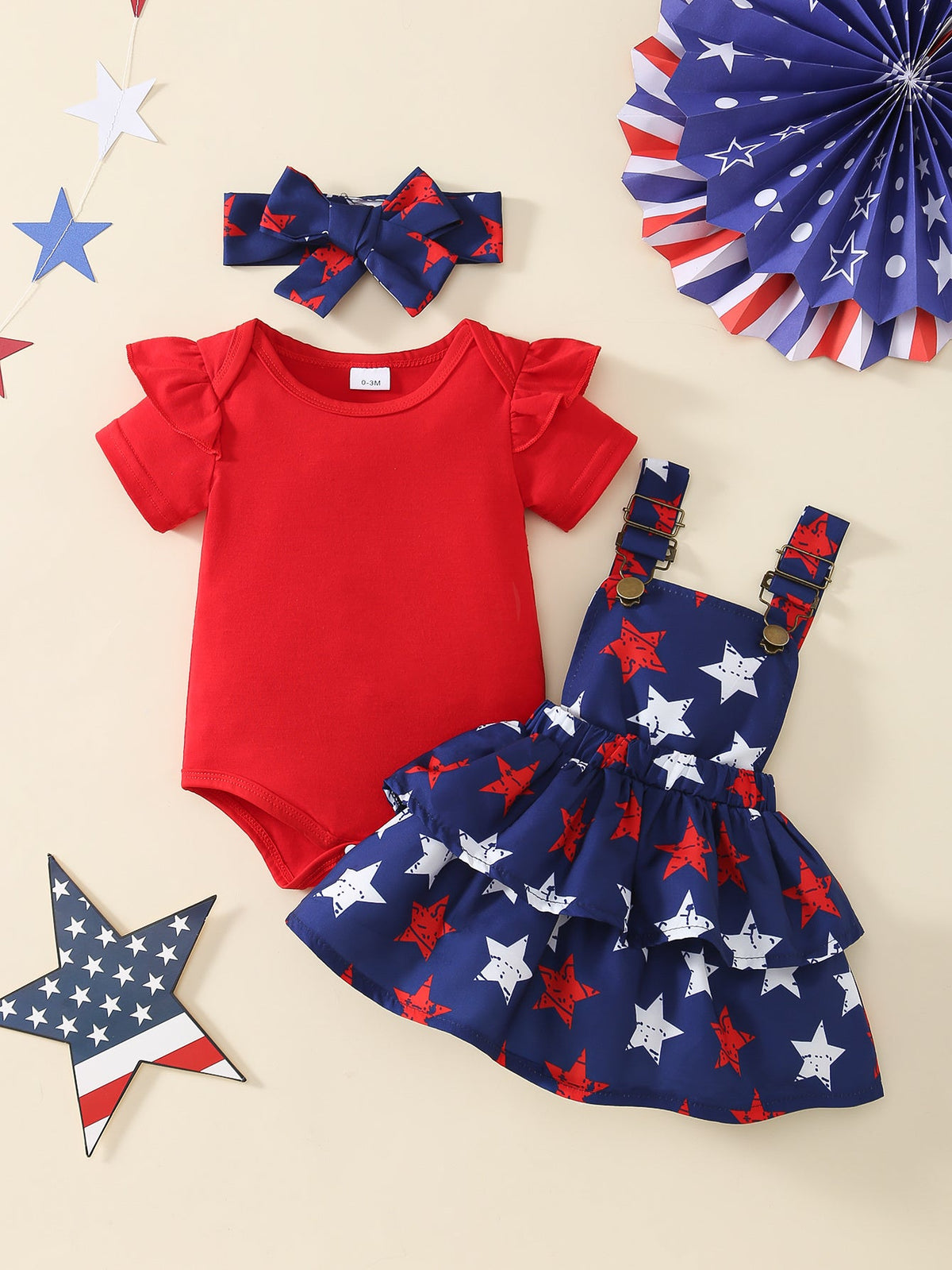Baby Girl Outfit Set with a Red Ruffle Bodysuit and Star Print Pinafore for Fourth of July Celebrations