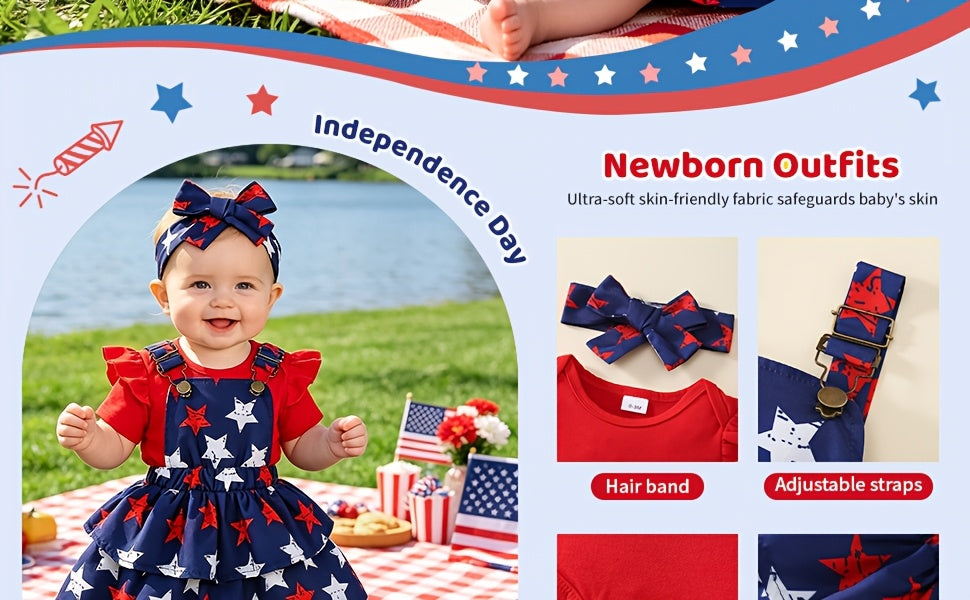 Baby Girl Outfit Set with a Red Ruffle Bodysuit and Star Print Pinafore for Fourth of July Celebrations