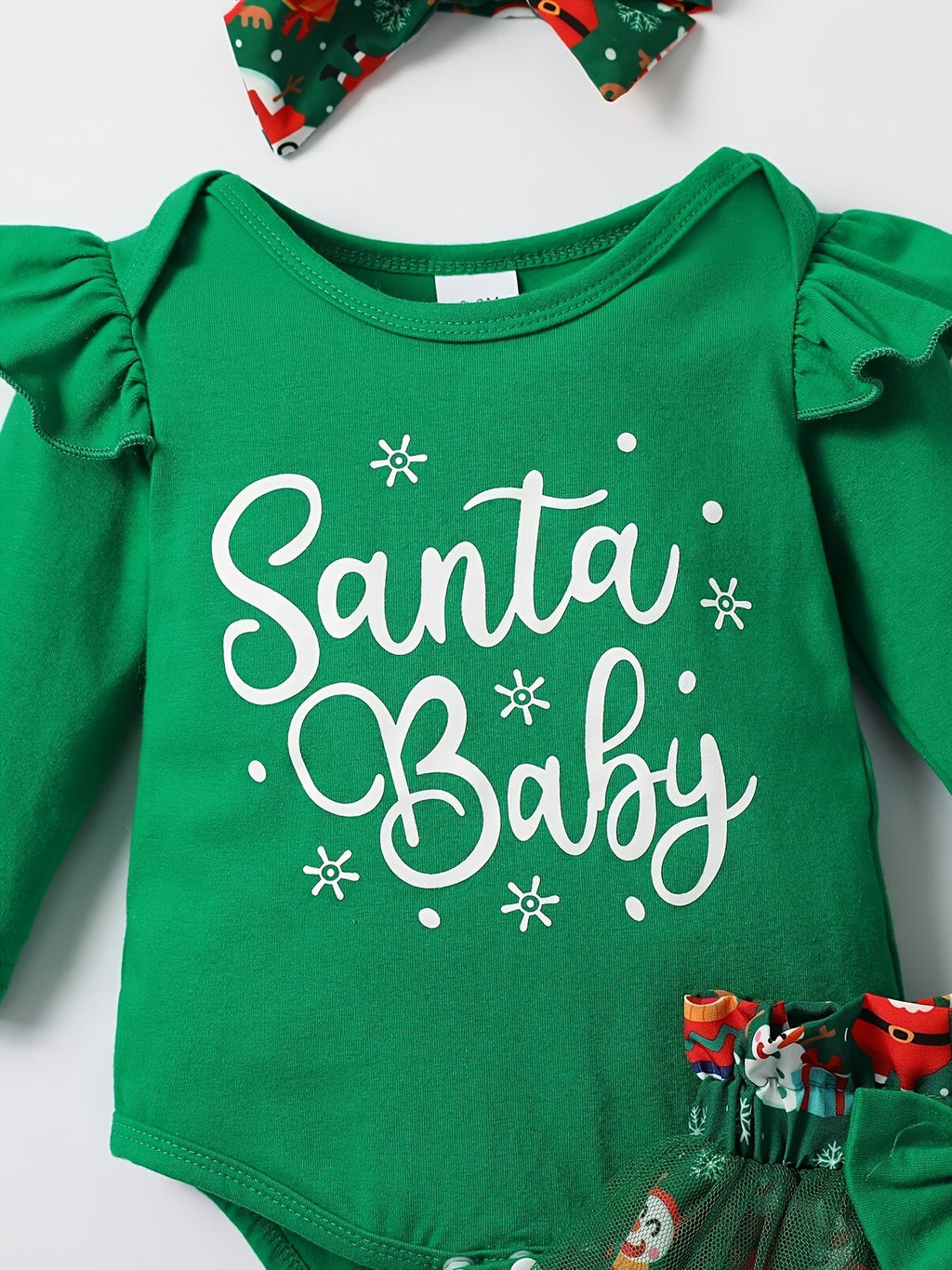 Baby Girls' Santa Baby Christmas Bodysuit and Mesh Skirt Set with a Matching Bow Headband for Holiday Photos