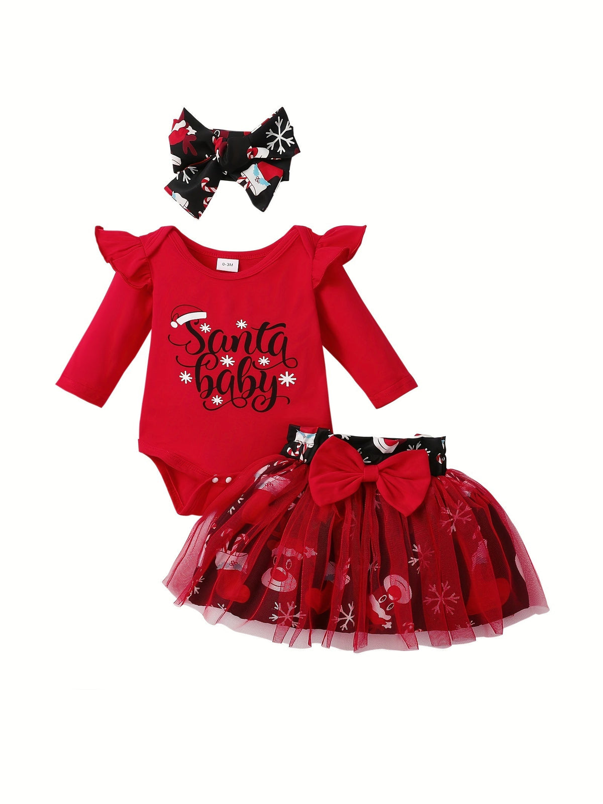 Baby Girls' Santa Baby Christmas Bodysuit and Mesh Skirt Set with a Matching Bow Headband for Holiday Photos