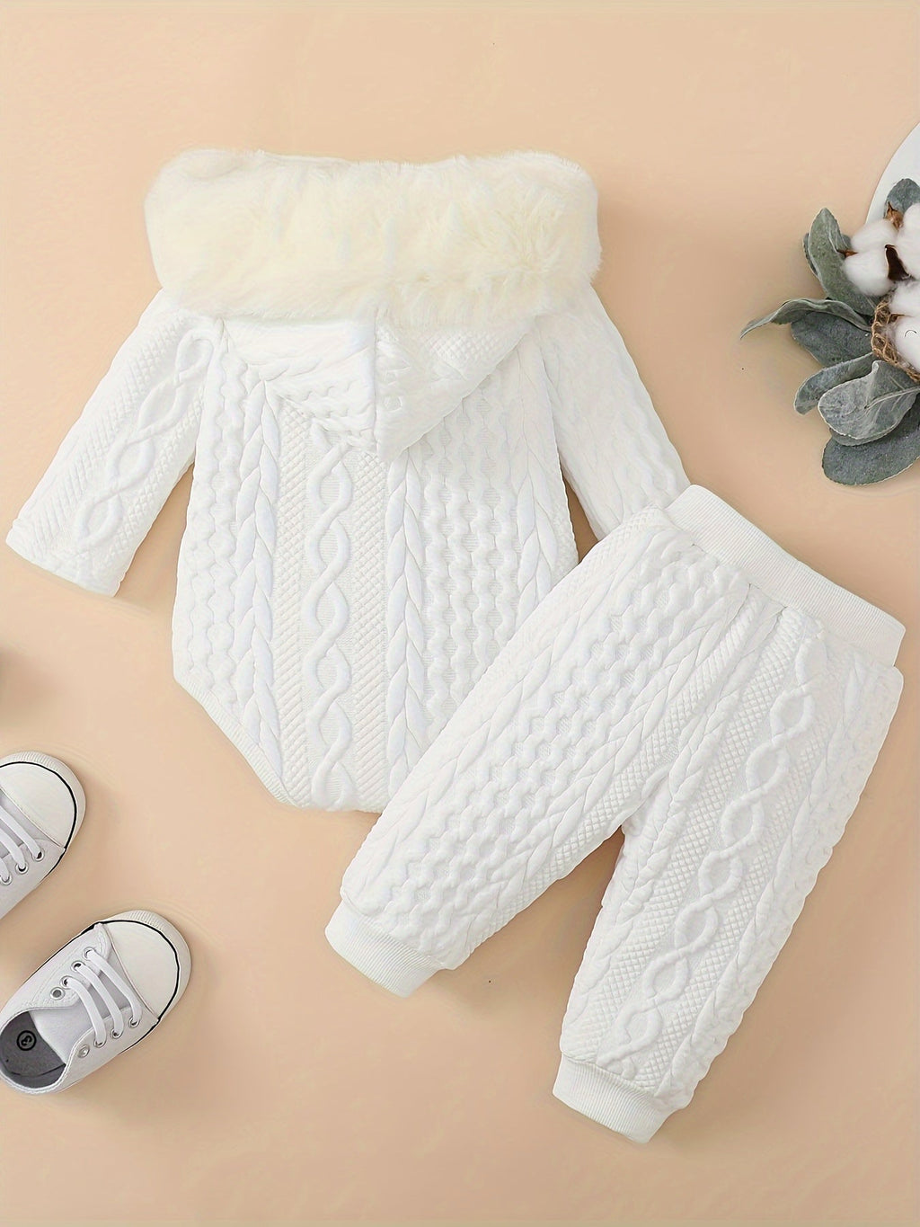 Baby Girl Hooded Bodysuit and Pants Set with Cable Texture and Plush-Look Hood Trim in Pink or White