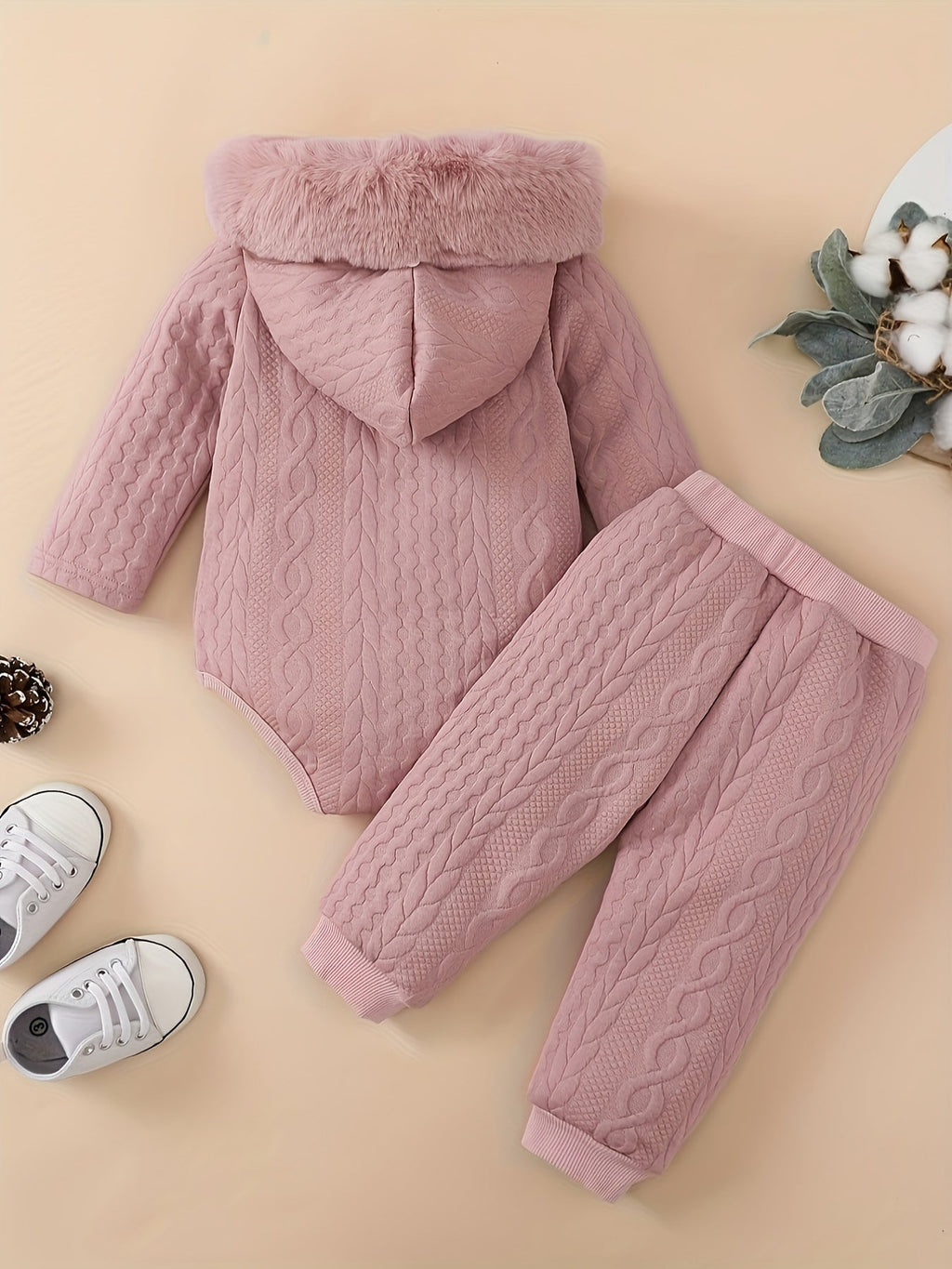 Baby Girl Hooded Bodysuit and Pants Set with Cable Texture and Plush-Look Hood Trim in Pink or White