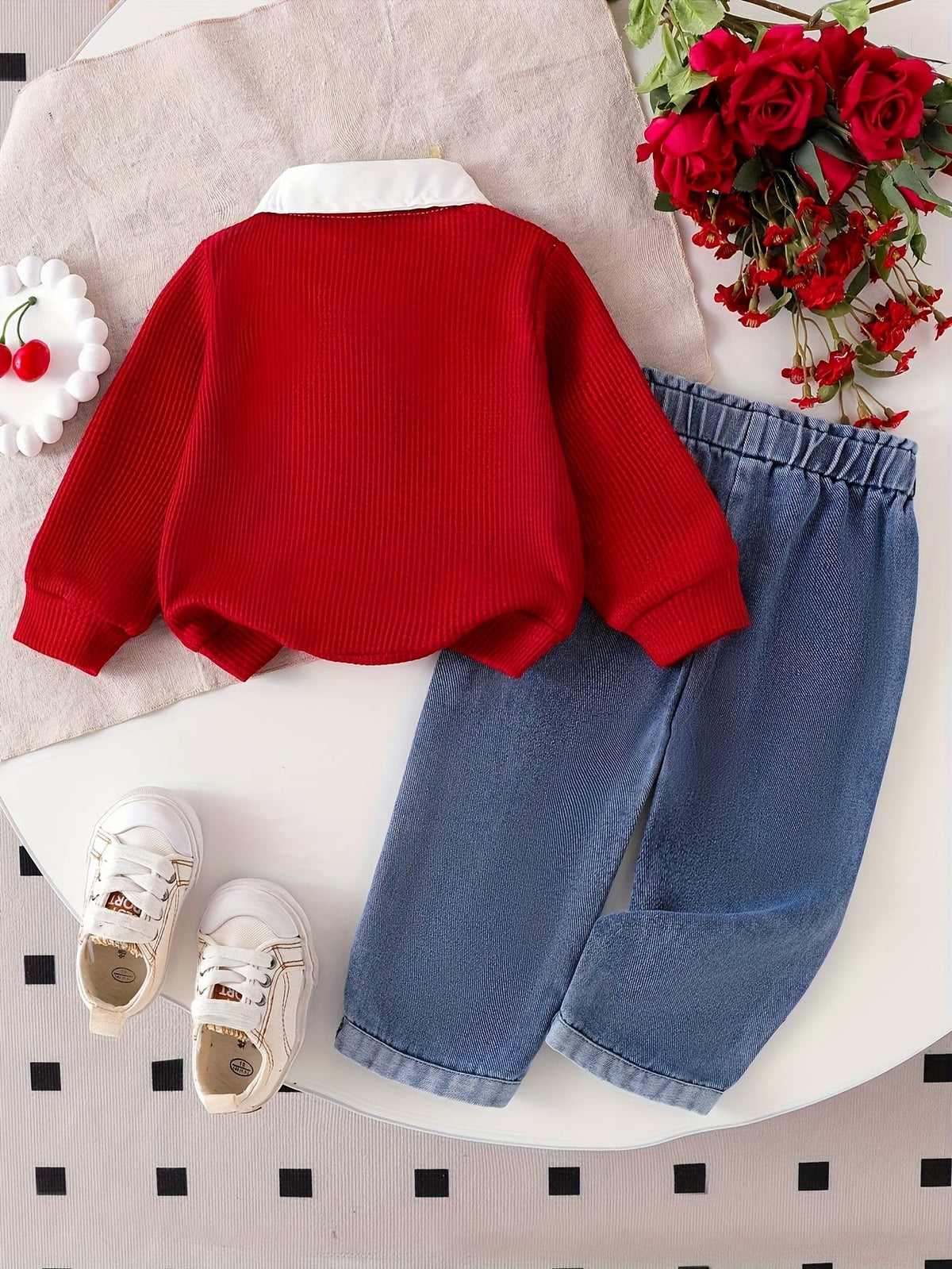 Baby Girls' Cherry Outfit Set for Casual Days with a Red Collared Ribbed Top and Embroidered Jeans