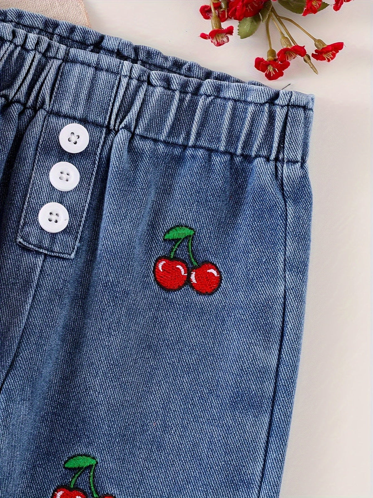 Baby Girls' Cherry Outfit Set for Casual Days with a Red Collared Ribbed Top and Embroidered Jeans
