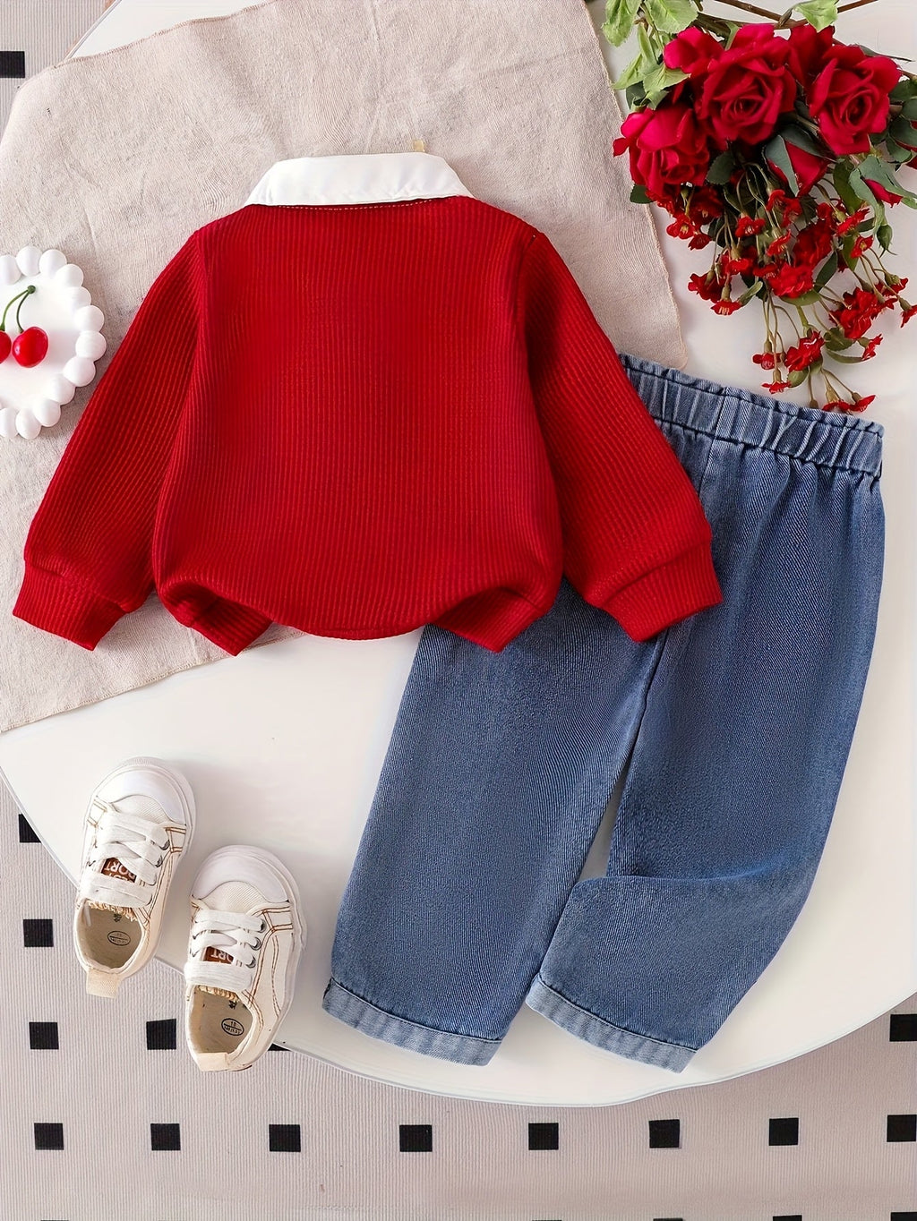 Baby Girls' Cherry Outfit Set for Casual Days with a Red Collared Ribbed Top and Embroidered Jeans