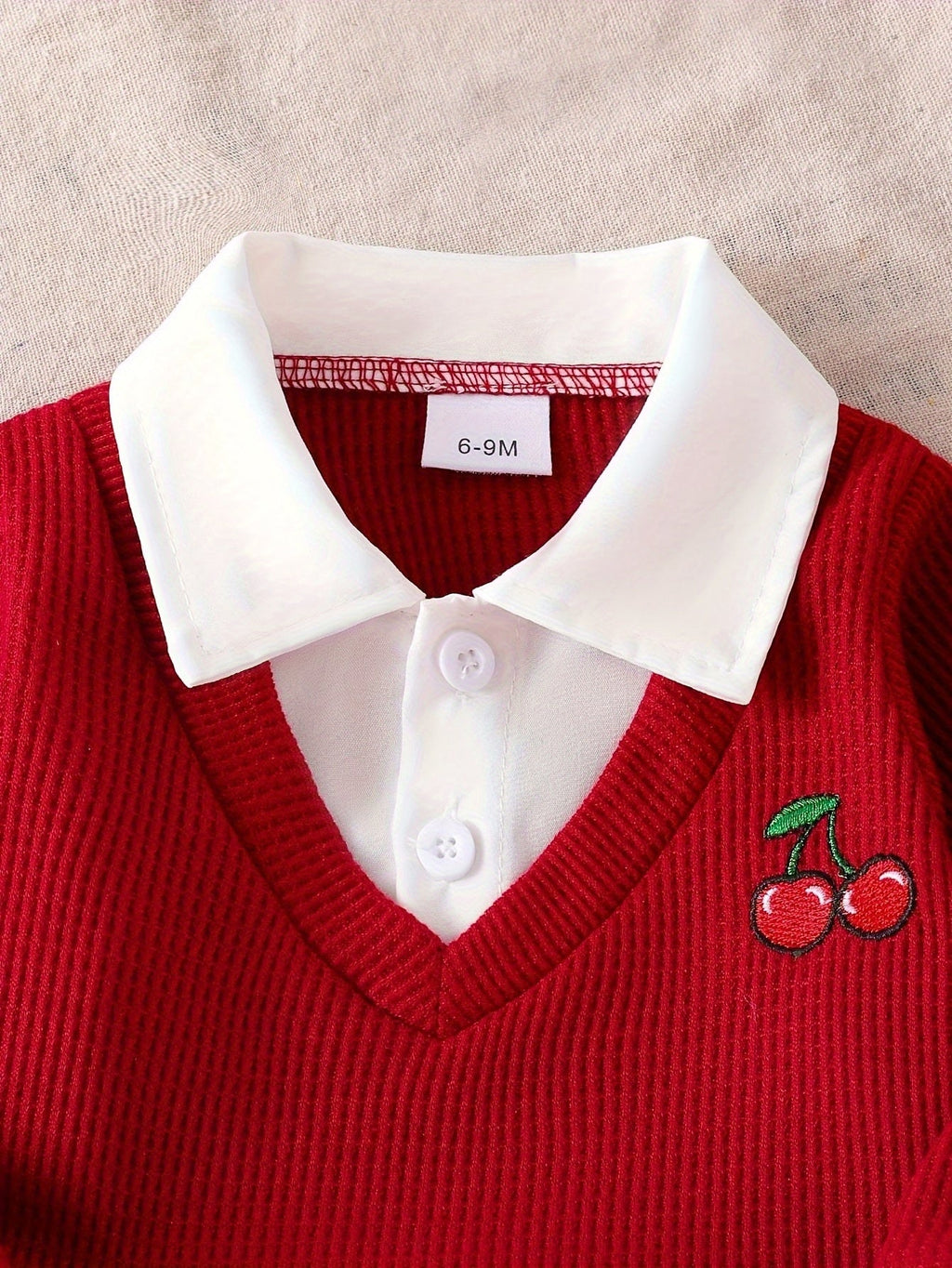 Baby Girls' Cherry Outfit Set for Casual Days with a Red Collared Ribbed Top and Embroidered Jeans