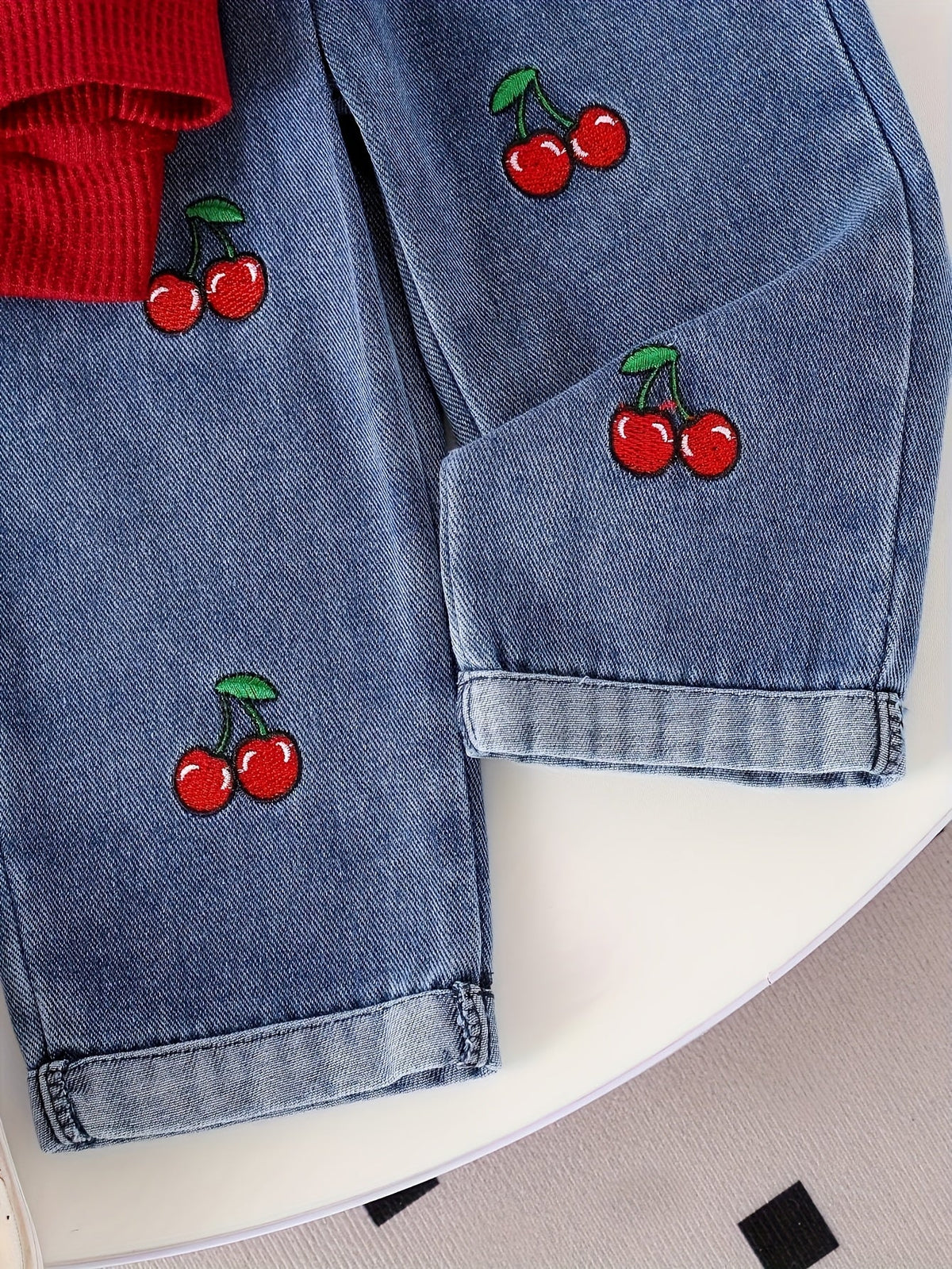 Baby Girls' Cherry Outfit Set for Casual Days with a Red Collared Ribbed Top and Embroidered Jeans