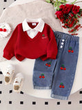 Baby Girls' Cherry Outfit Set for Casual Days with a Red Collared Ribbed Top and Embroidered Jeans