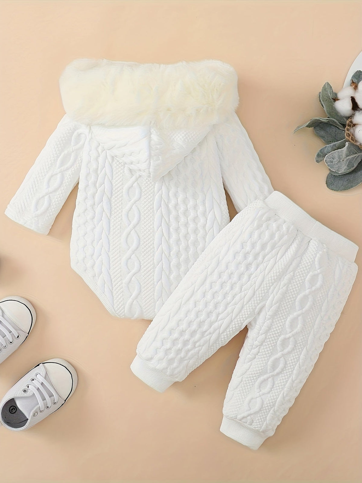 Baby Girls' White Romper Set with a Plush-Trim Hood and Cable Texture Pants for Cool-Weather Outfits