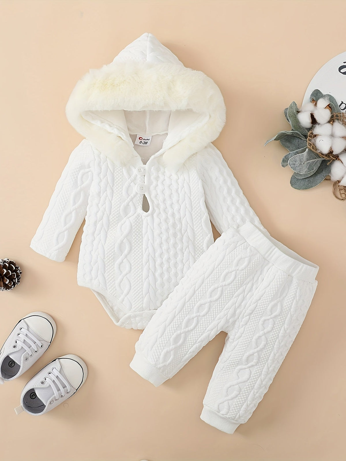 Baby Girls' White Romper Set with a Plush-Trim Hood and Cable Texture Pants for Cool-Weather Outfits