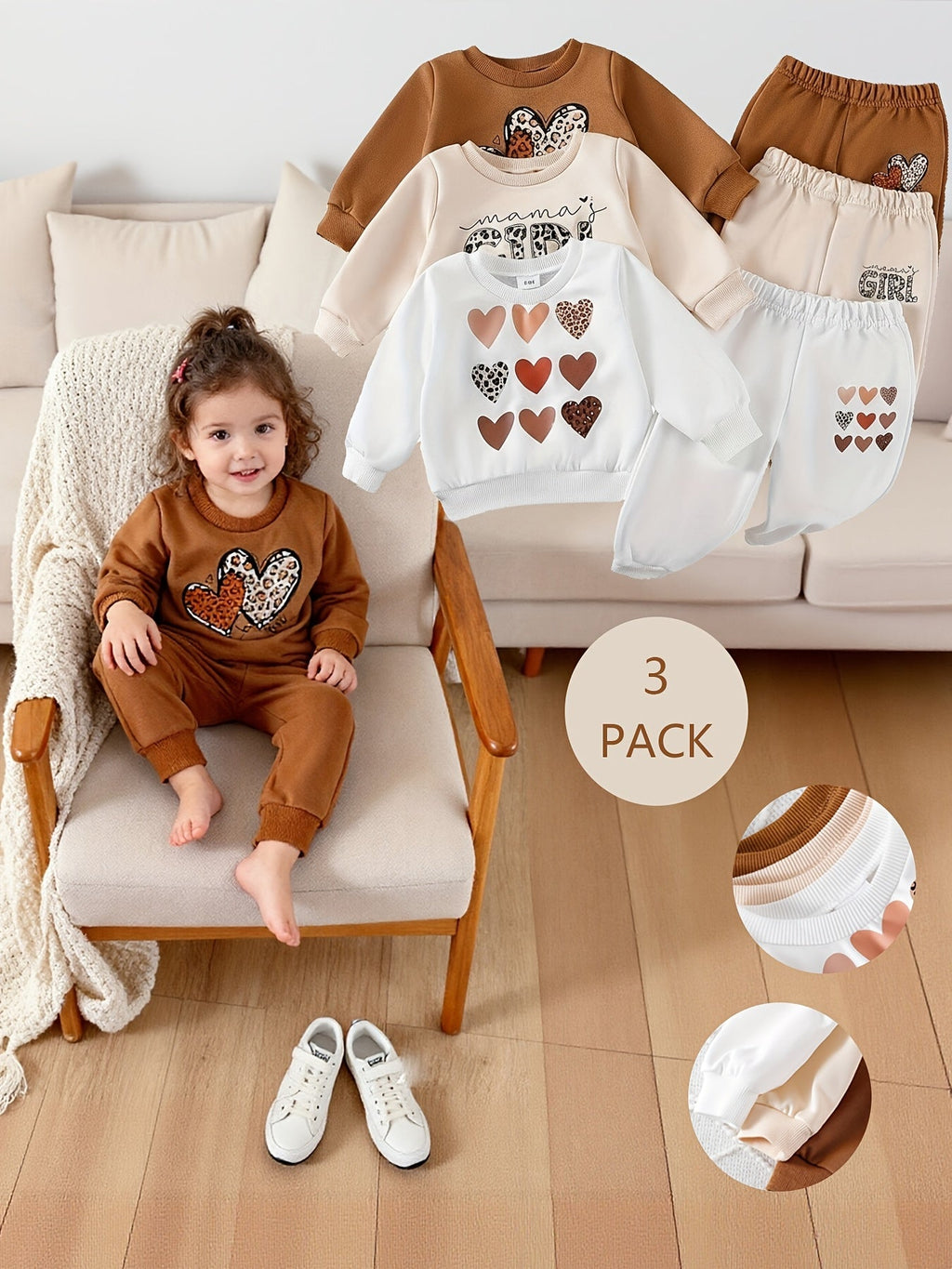 Baby Girls' Sweatshirt Outfit Sets in a Six-Piece Pack with Heart Graphics and Matching Jogger Pants