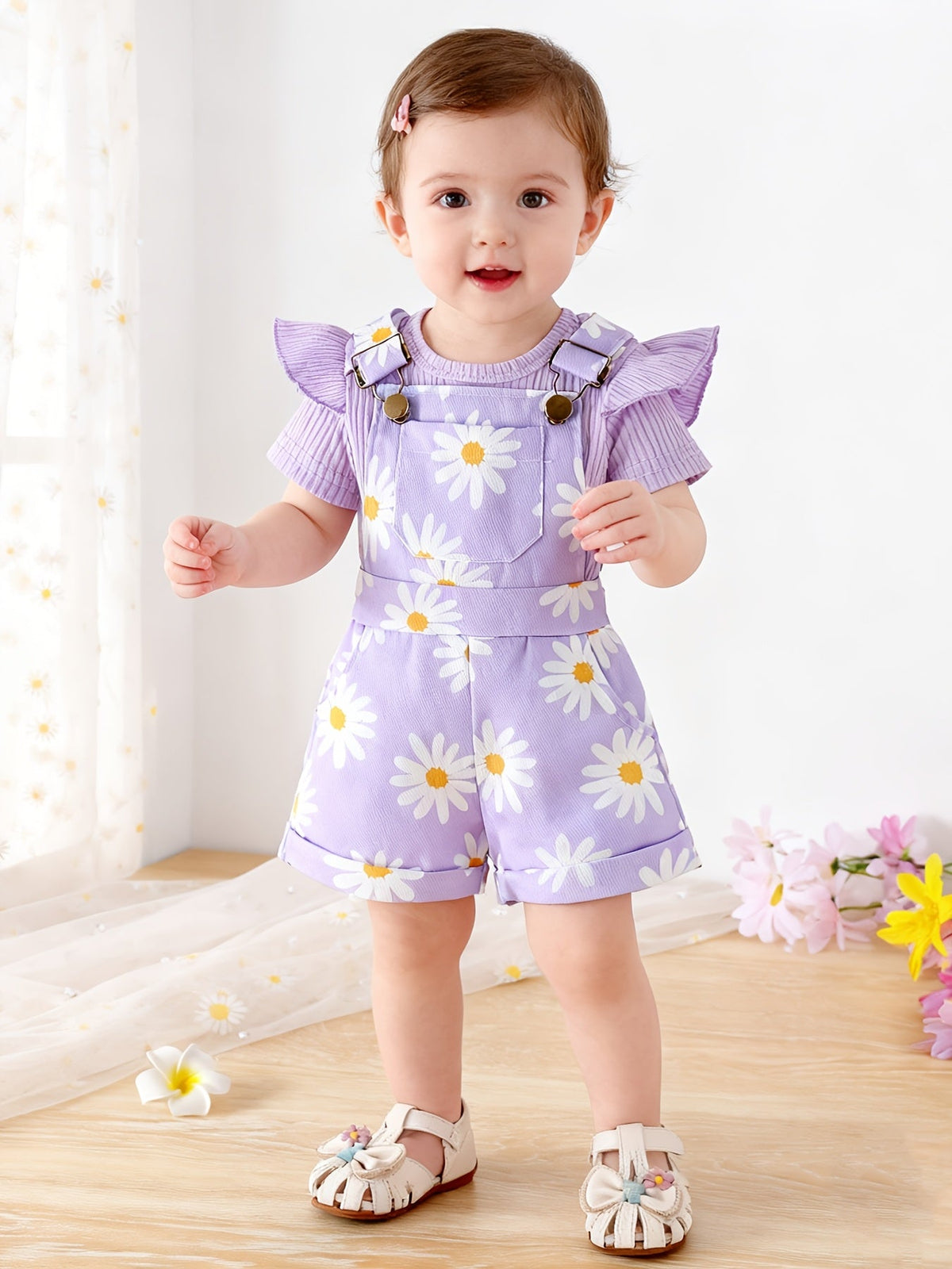 Baby Girls' Random Print Overall Outfit with a Ribbed Flutter Sleeve Bodysuit and Buckled Short Overalls