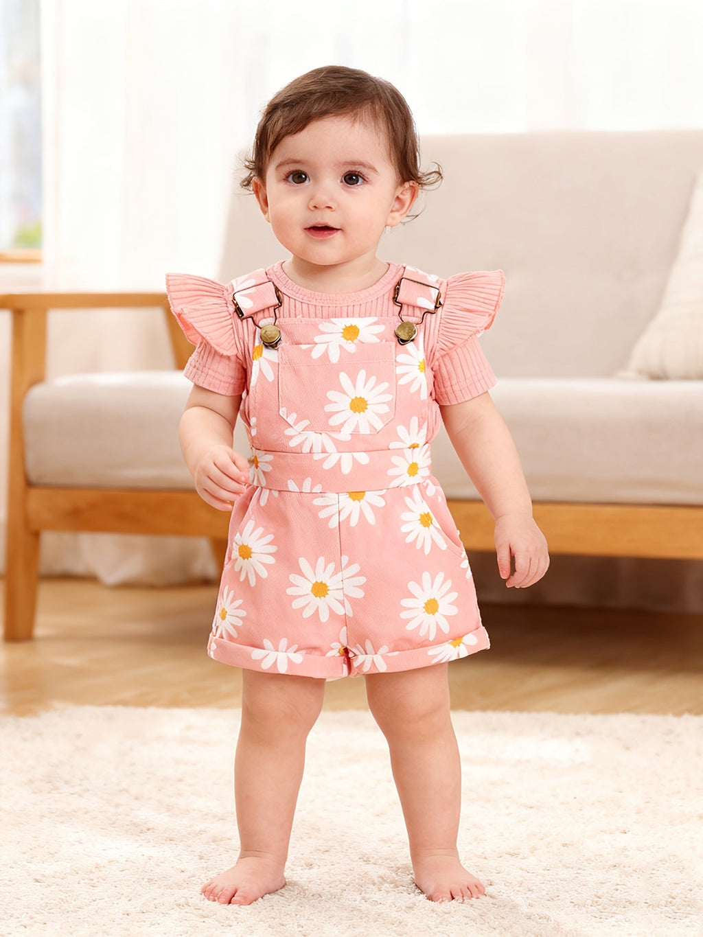 Baby Girls' Random Print Overall Outfit with a Ribbed Flutter Sleeve Bodysuit and Buckled Short Overalls