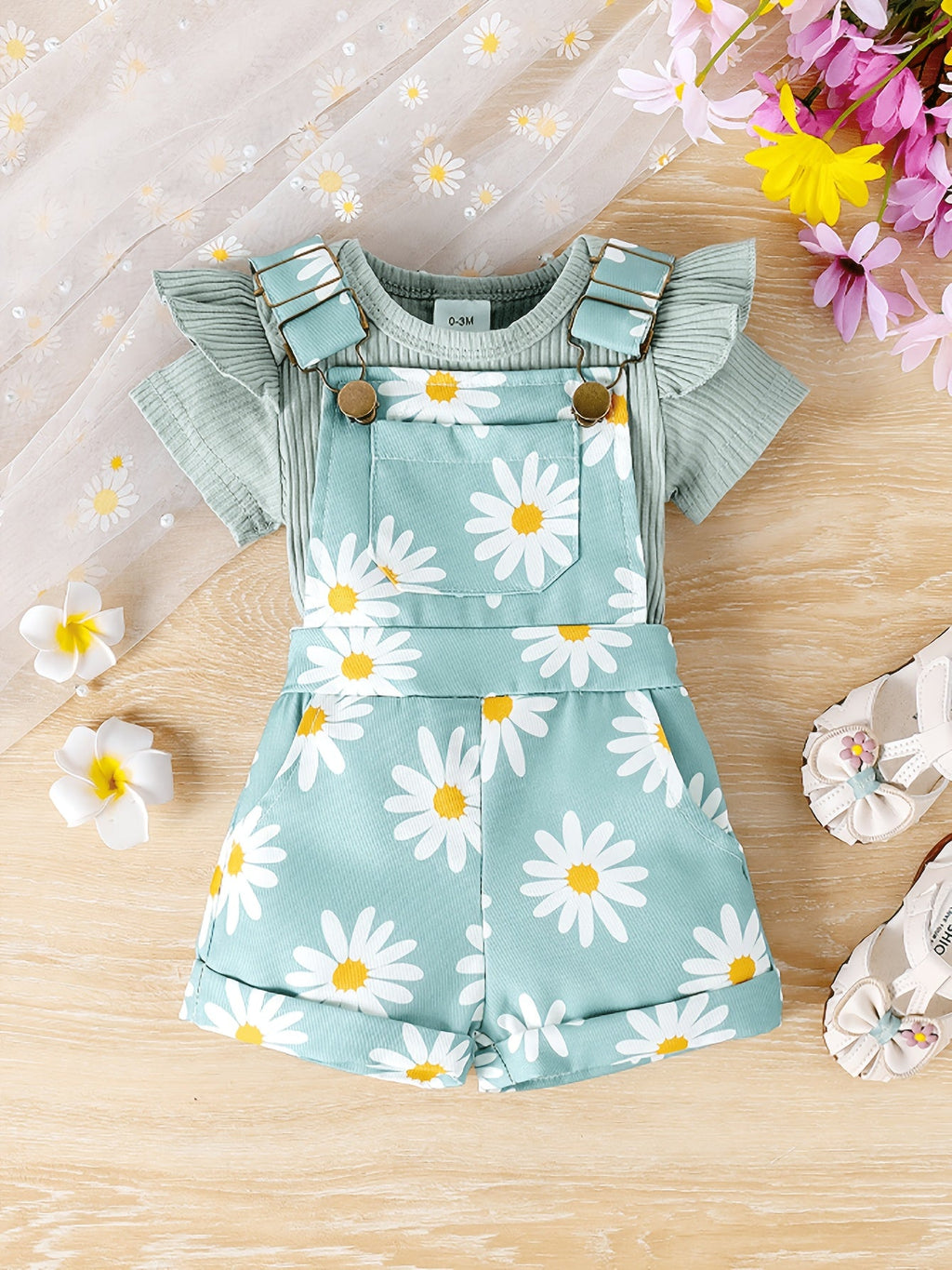 Baby Girls' Random Print Overall Outfit with a Ribbed Flutter Sleeve Bodysuit and Buckled Short Overalls