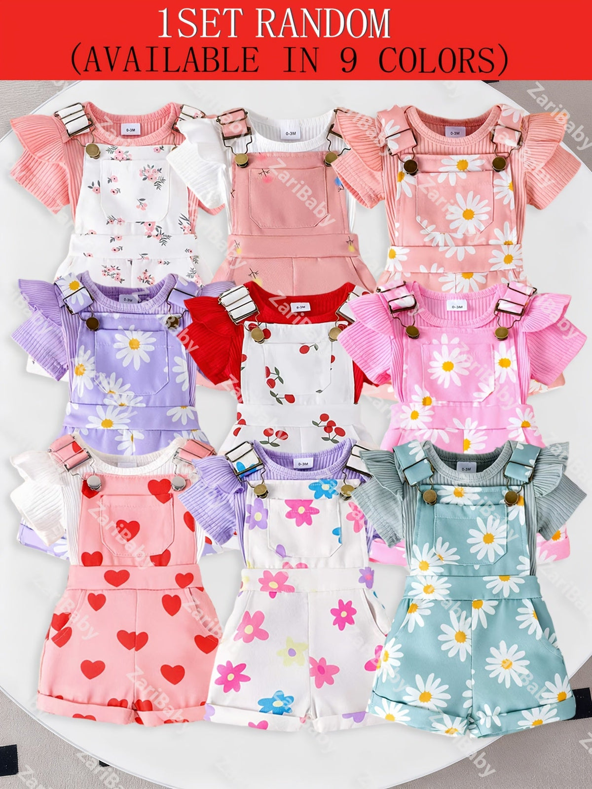 Baby Girls' Random Print Overall Outfit with a Ribbed Flutter Sleeve Bodysuit and Buckled Short Overalls