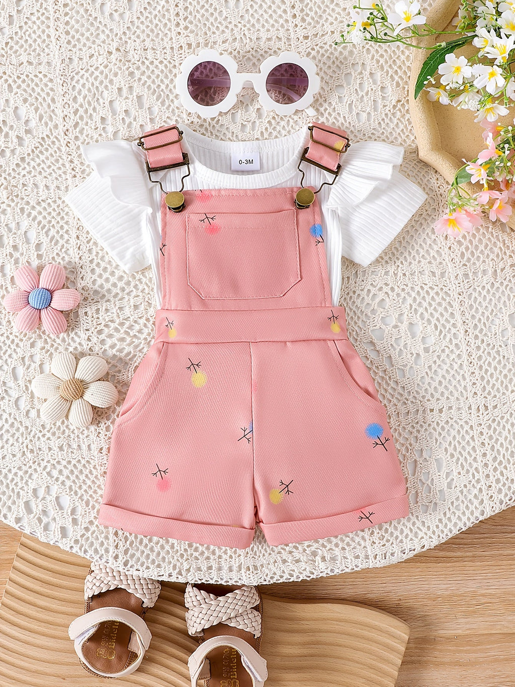 Baby Girls' Random Print Overall Outfit with a Ribbed Flutter Sleeve Bodysuit and Buckled Short Overalls