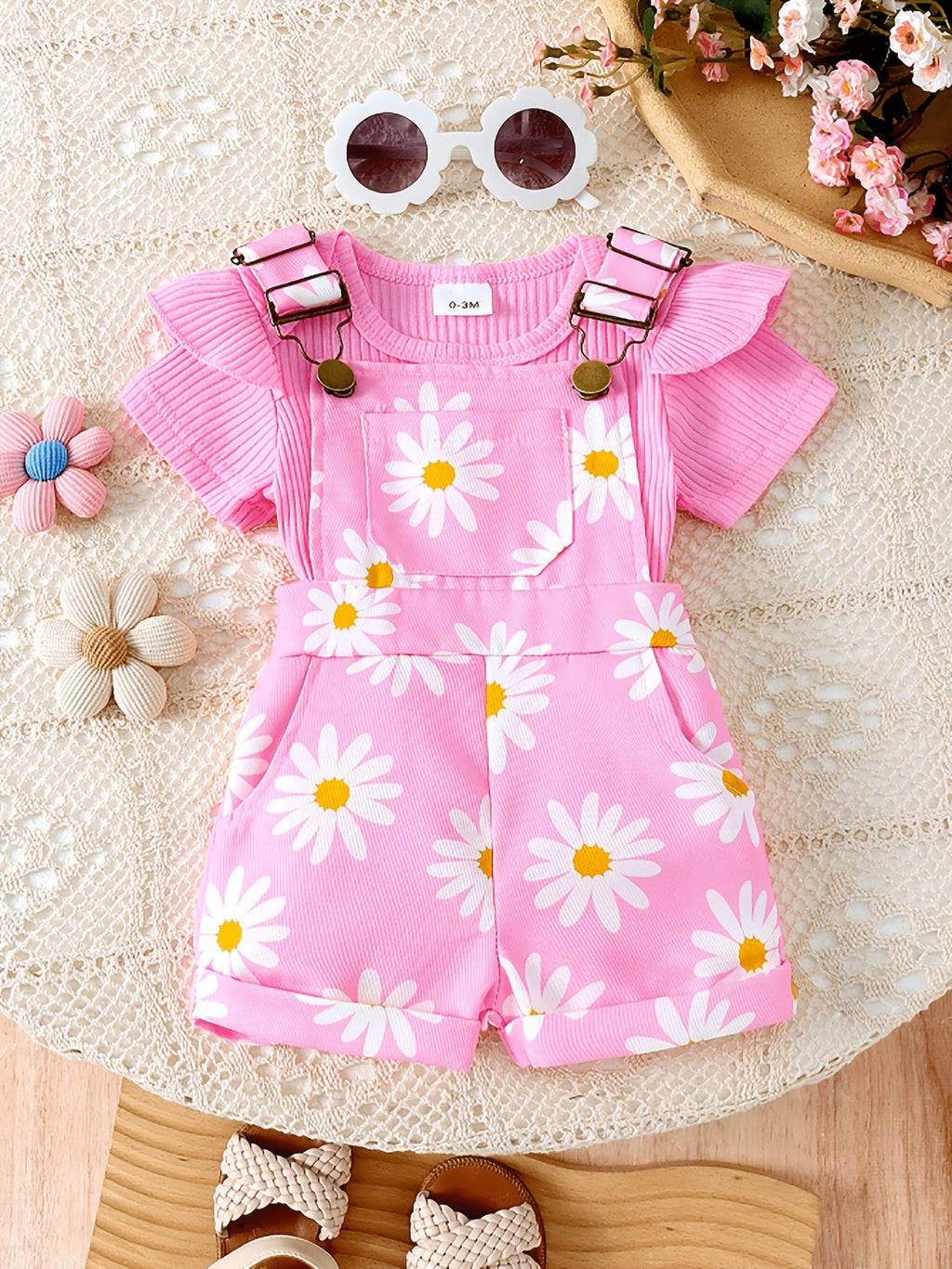 Baby Girls' Random Print Overall Outfit with a Ribbed Flutter Sleeve Bodysuit and Buckled Short Overalls