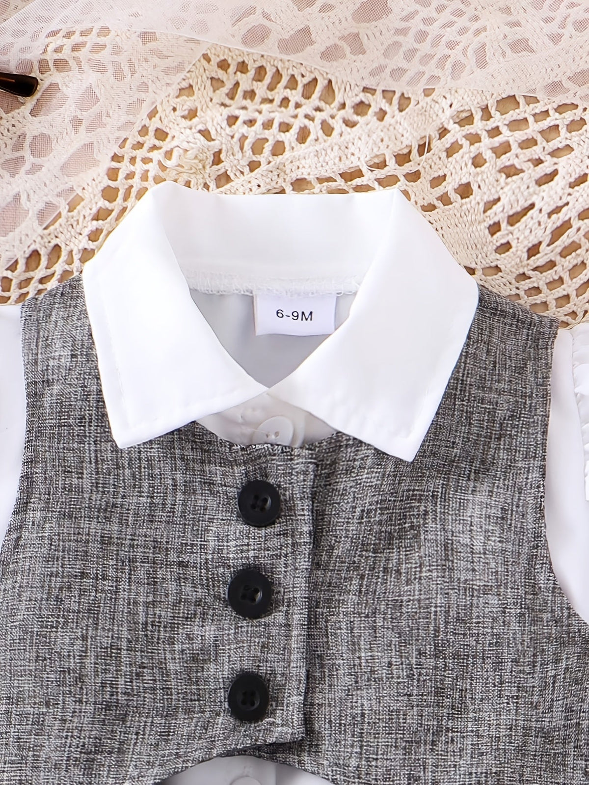 Baby Girls' Blouse Vest Skirt Set with White Puff Sleeves and a Gray Pleated Skirt in a Three Piece Outfit