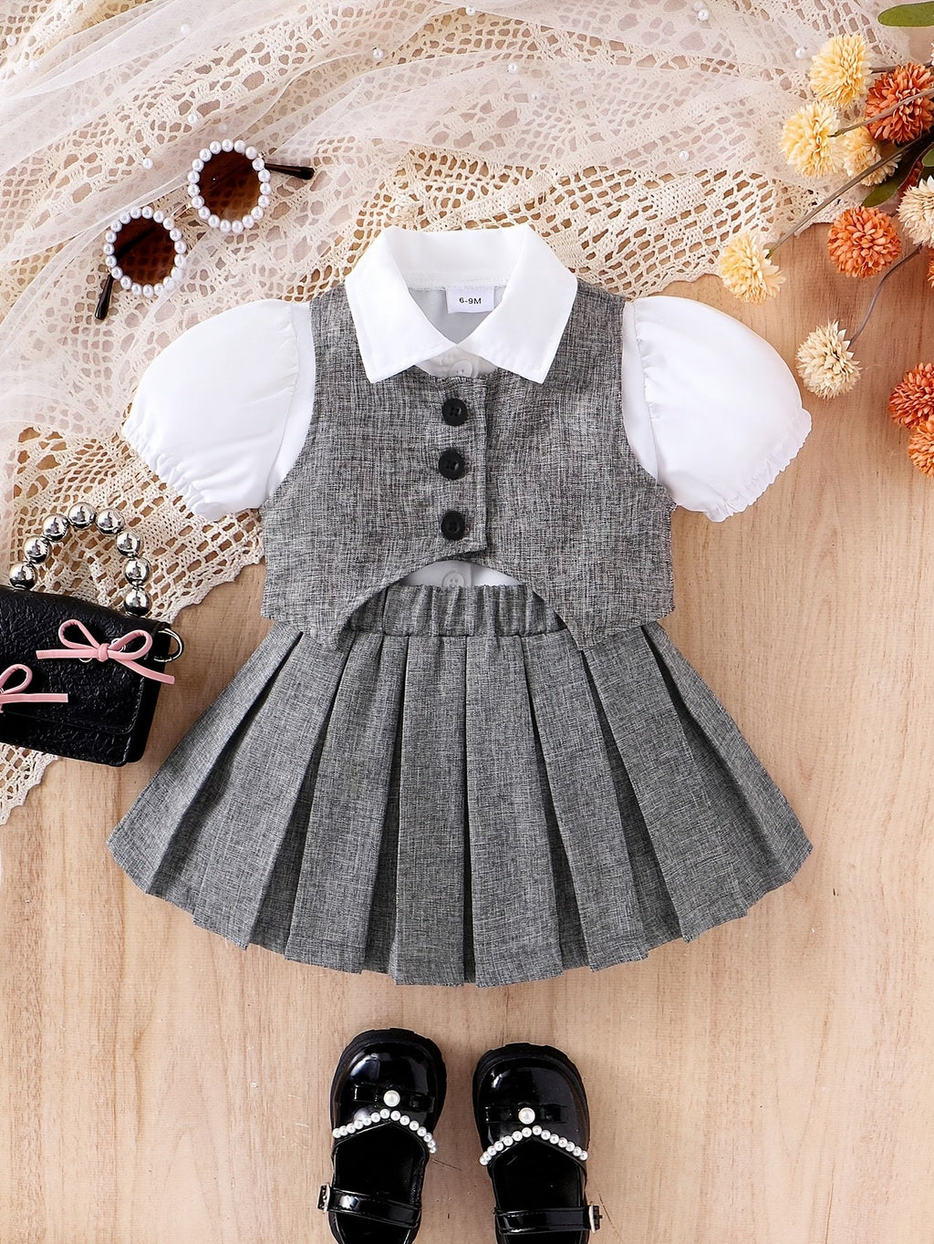 Baby Girls' Blouse Vest Skirt Set with White Puff Sleeves and a Gray Pleated Skirt in a Three Piece Outfit