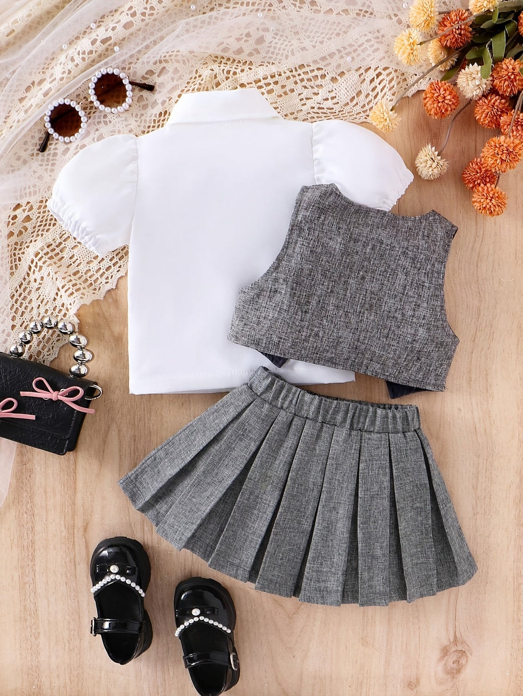 Baby Girls' Blouse Vest Skirt Set with White Puff Sleeves and a Gray Pleated Skirt in a Three Piece Outfit