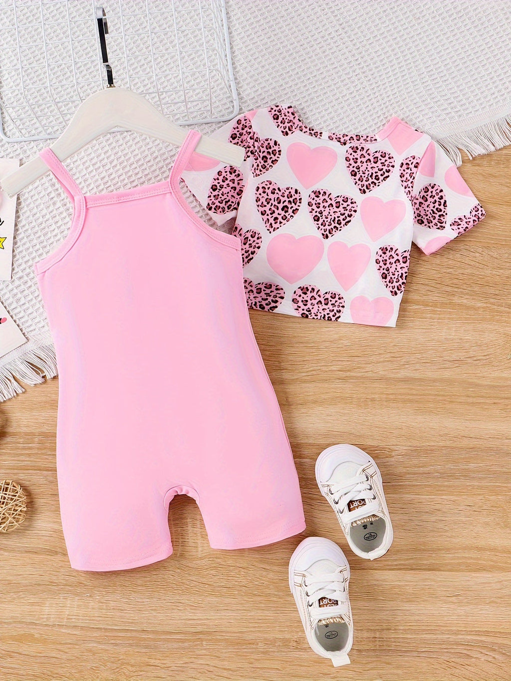 Baby Girl Heart Print Top and Pink Romper Set with Short Sleeves and Slim Straps for Summer Outfits