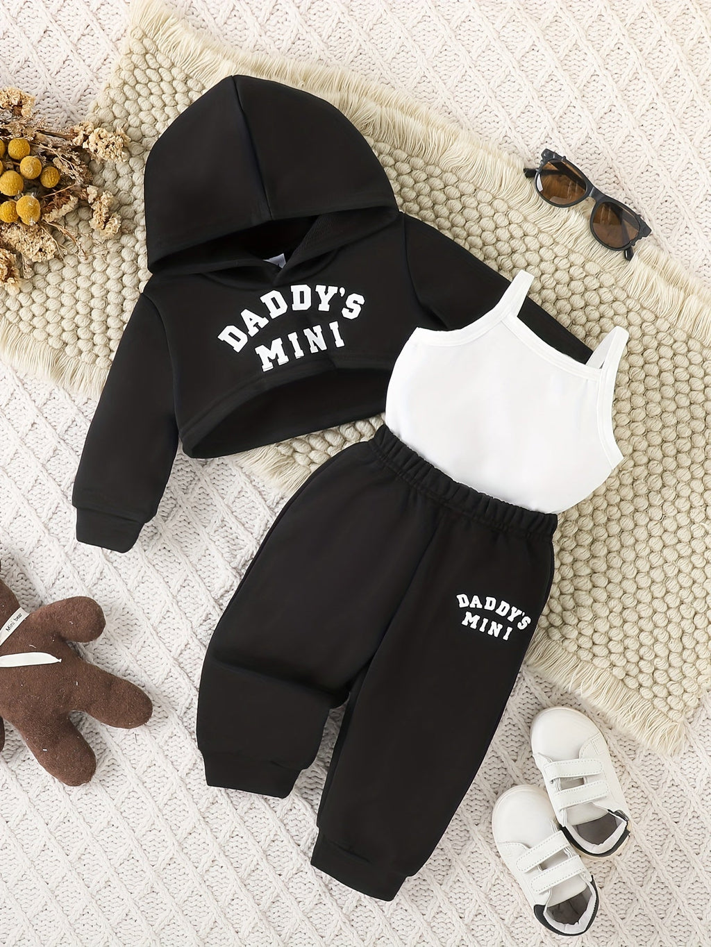 Baby Girl Daddy's Mini Outfit Set with a Cropped Hoodie Cami Top and Cuffed Pants in Sepia Tones