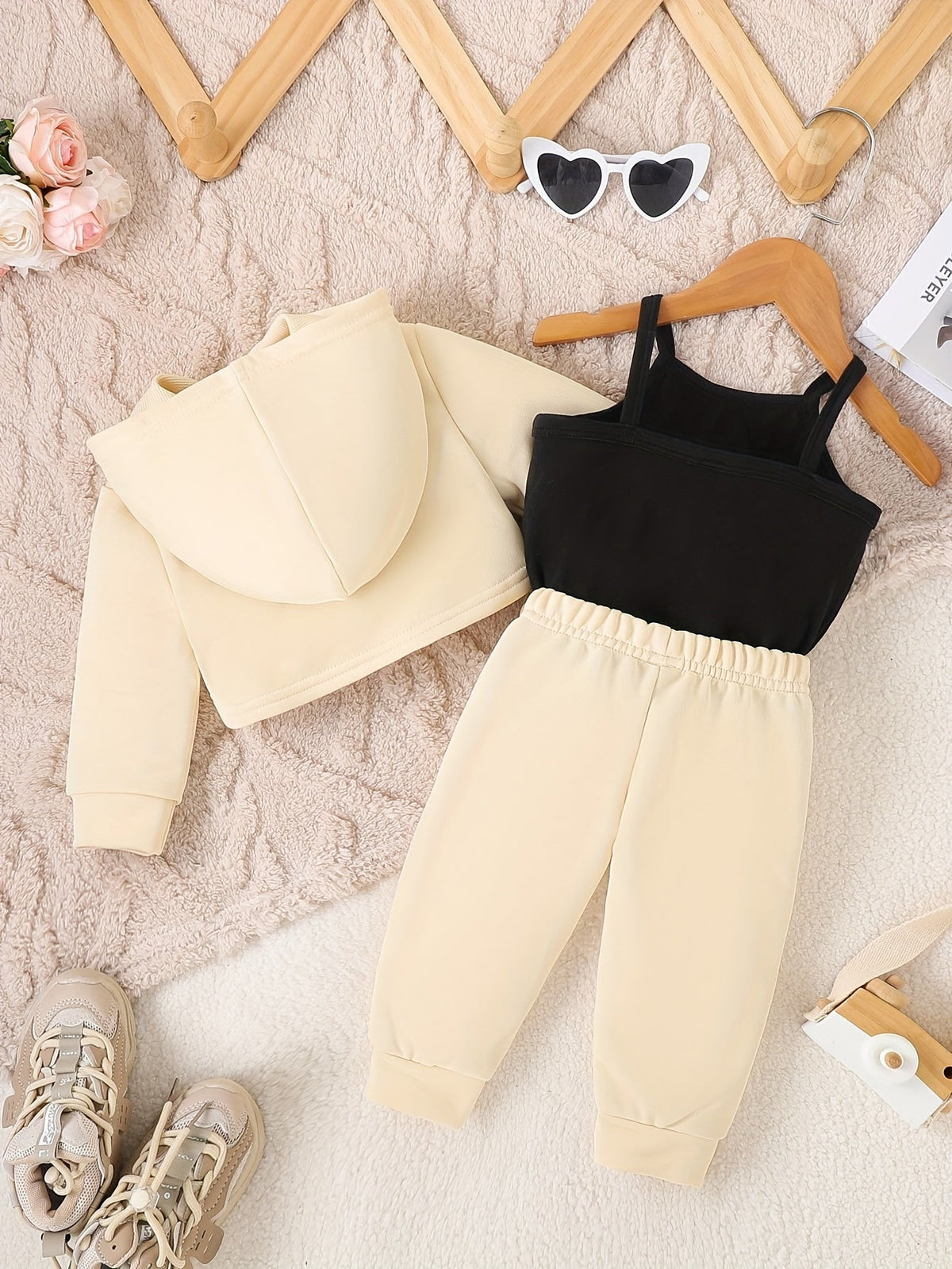 Baby Girl Daddy's Mini Outfit Set with a Cropped Hoodie Cami Top and Cuffed Pants in Sepia Tones