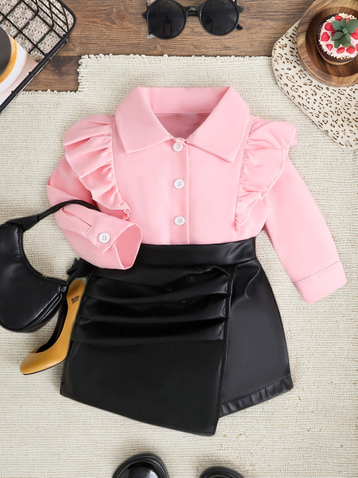 Baby Girls' Blouse and Skort Set with Ruffle Shoulders and a Wrap Front for Dressy Summer Outfits