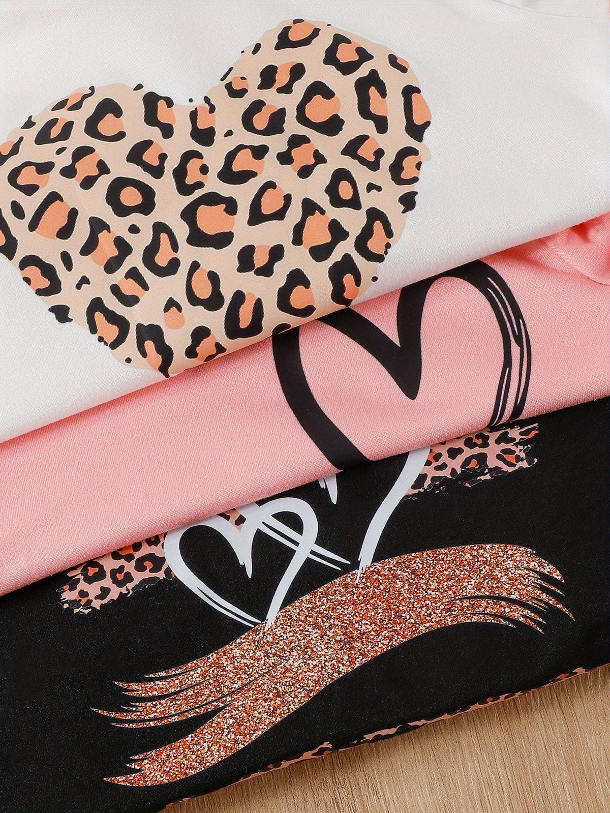 Baby Girl Hoodie Pants Set in a Six Piece Heart and Leopard Print Bundle with Pink Black and White Tops