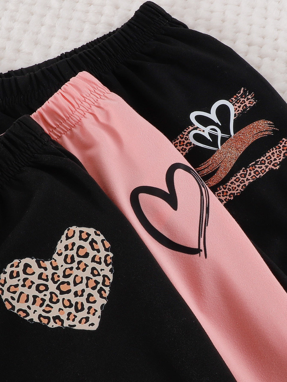 Baby Girl Hoodie Pants Set in a Six Piece Heart and Leopard Print Bundle with Pink Black and White Tops