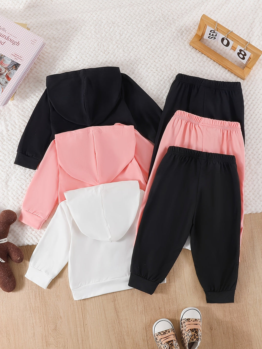 Baby Girl Hoodie Pants Set in a Six Piece Heart and Leopard Print Bundle with Pink Black and White Tops