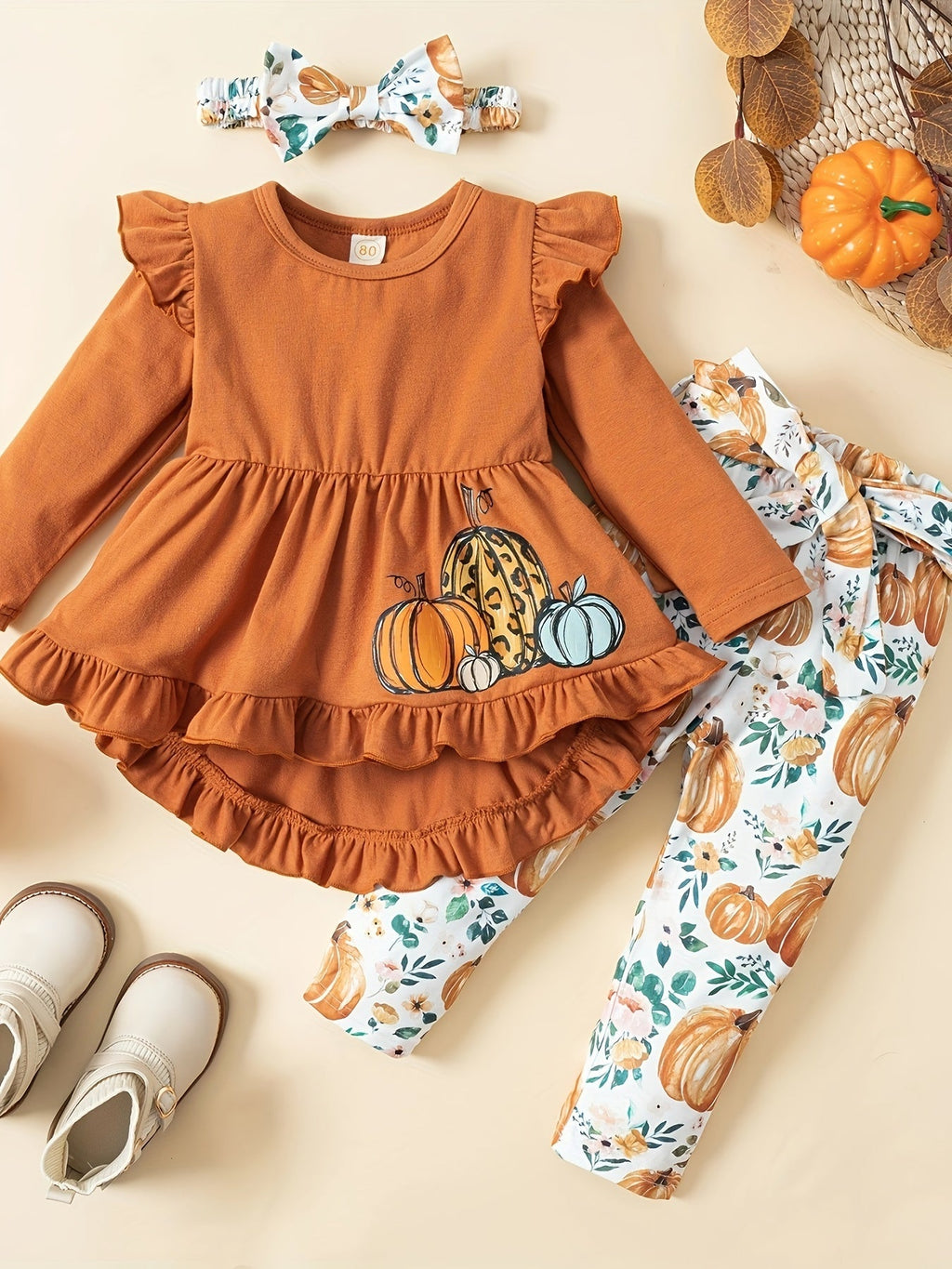 Toddler Girls' Pumpkin Top and Pants Set with Ruffle Details and a Matching Bow Headband for Fall Outfits