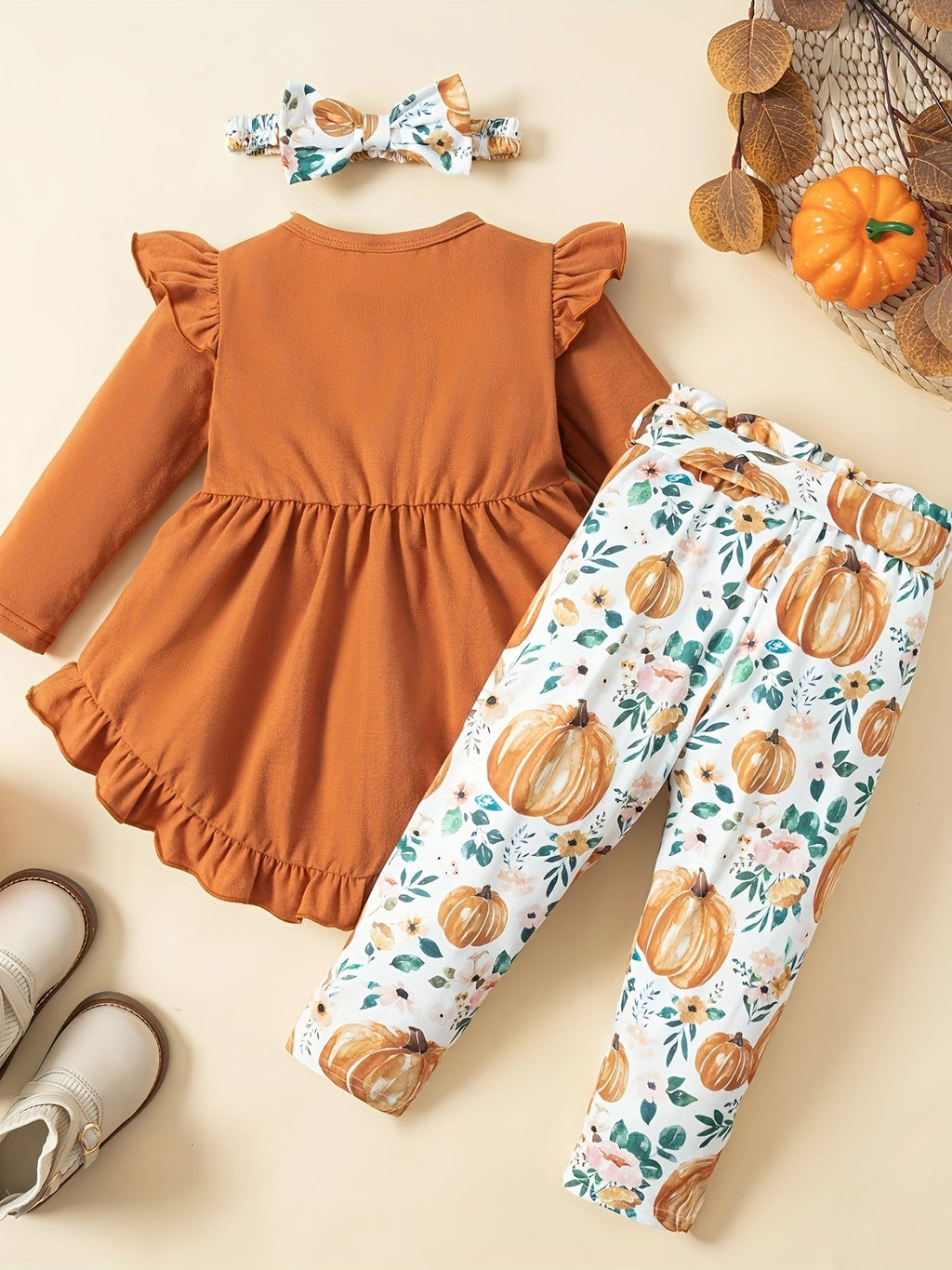 Toddler Girls' Pumpkin Top and Pants Set with Ruffle Details and a Matching Bow Headband for Fall Outfits