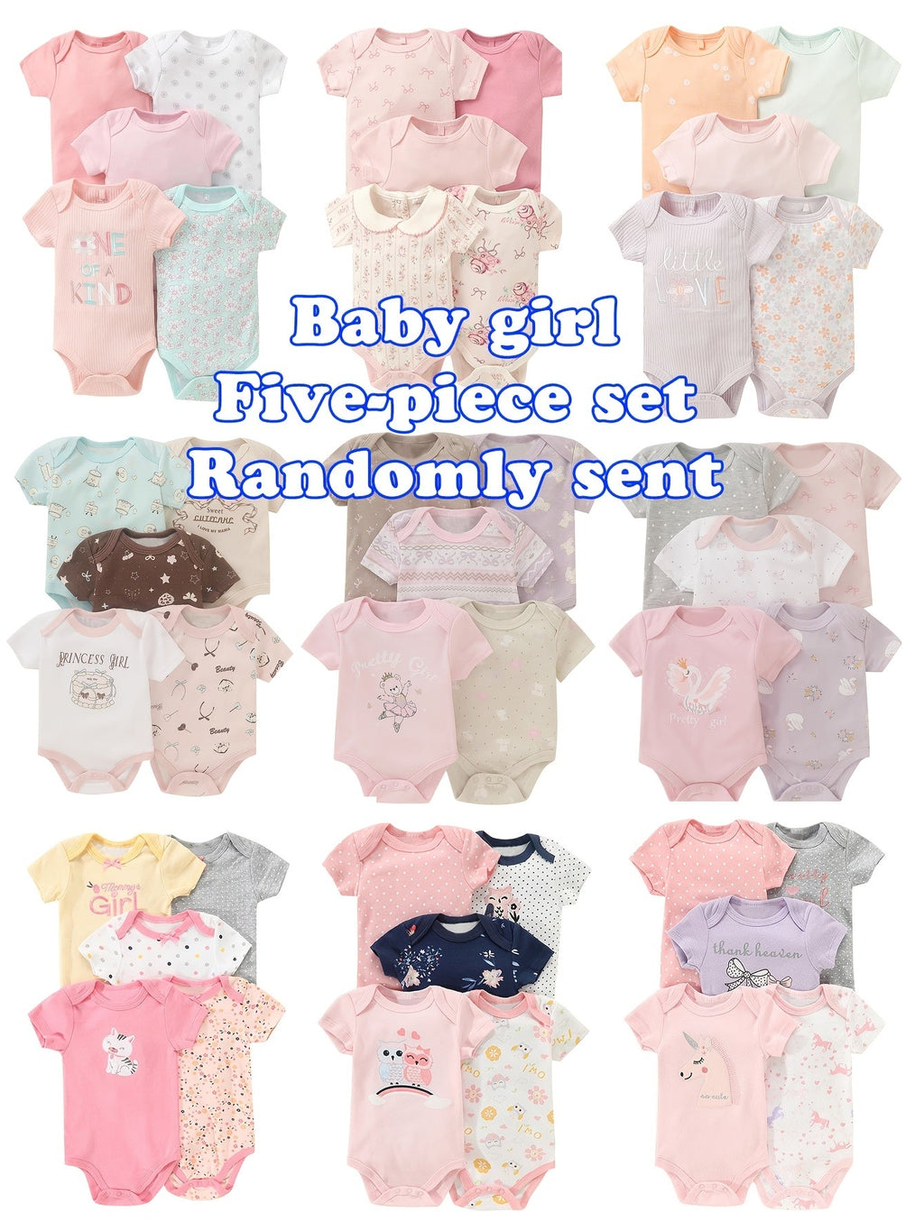 Baby Girl Bodysuits Five Pack in Random Pastel and Printed Designs with Short Sleeves for Everyday Changes