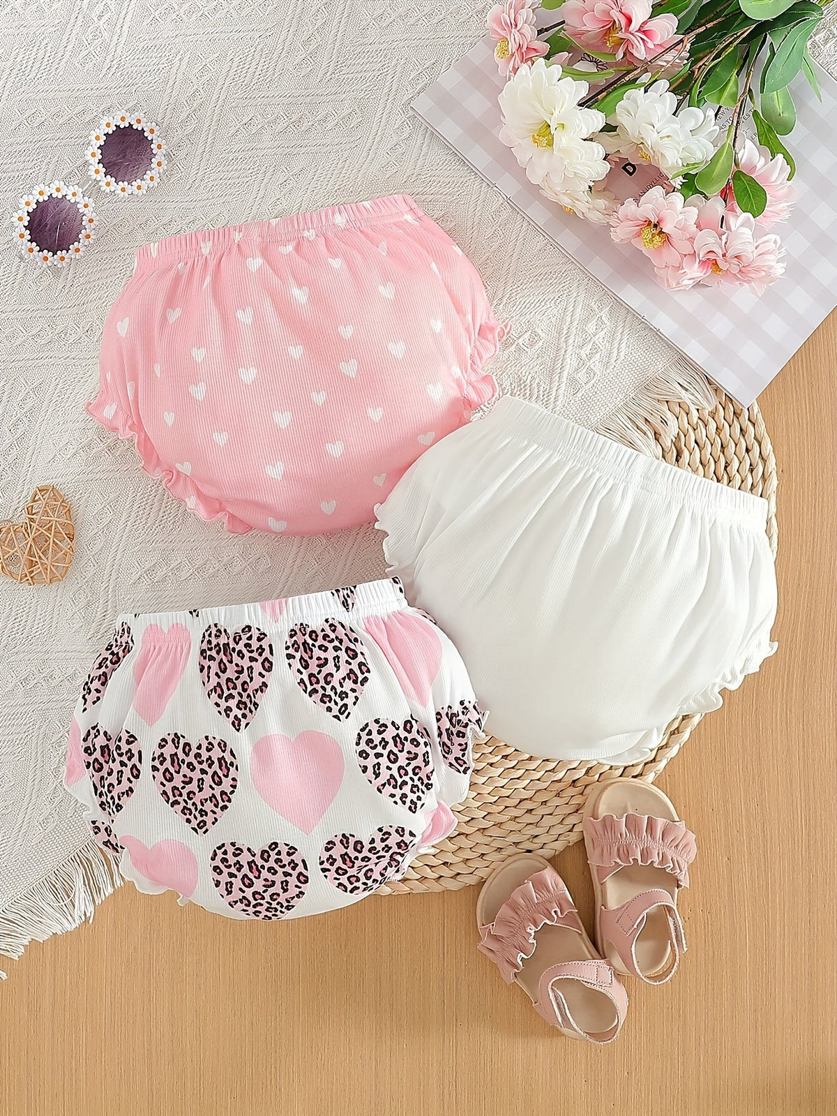 Baby Girls' Ruffled Bloomers 3-Pack with Floral or Heart Prints and Elastic Waists for Summer Outfits