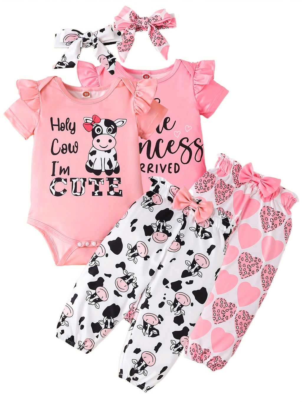 Baby Girls' Two Pink Outfit Sets with Printed Bodysuits and Pants in Cow and Princess-Themed Designs