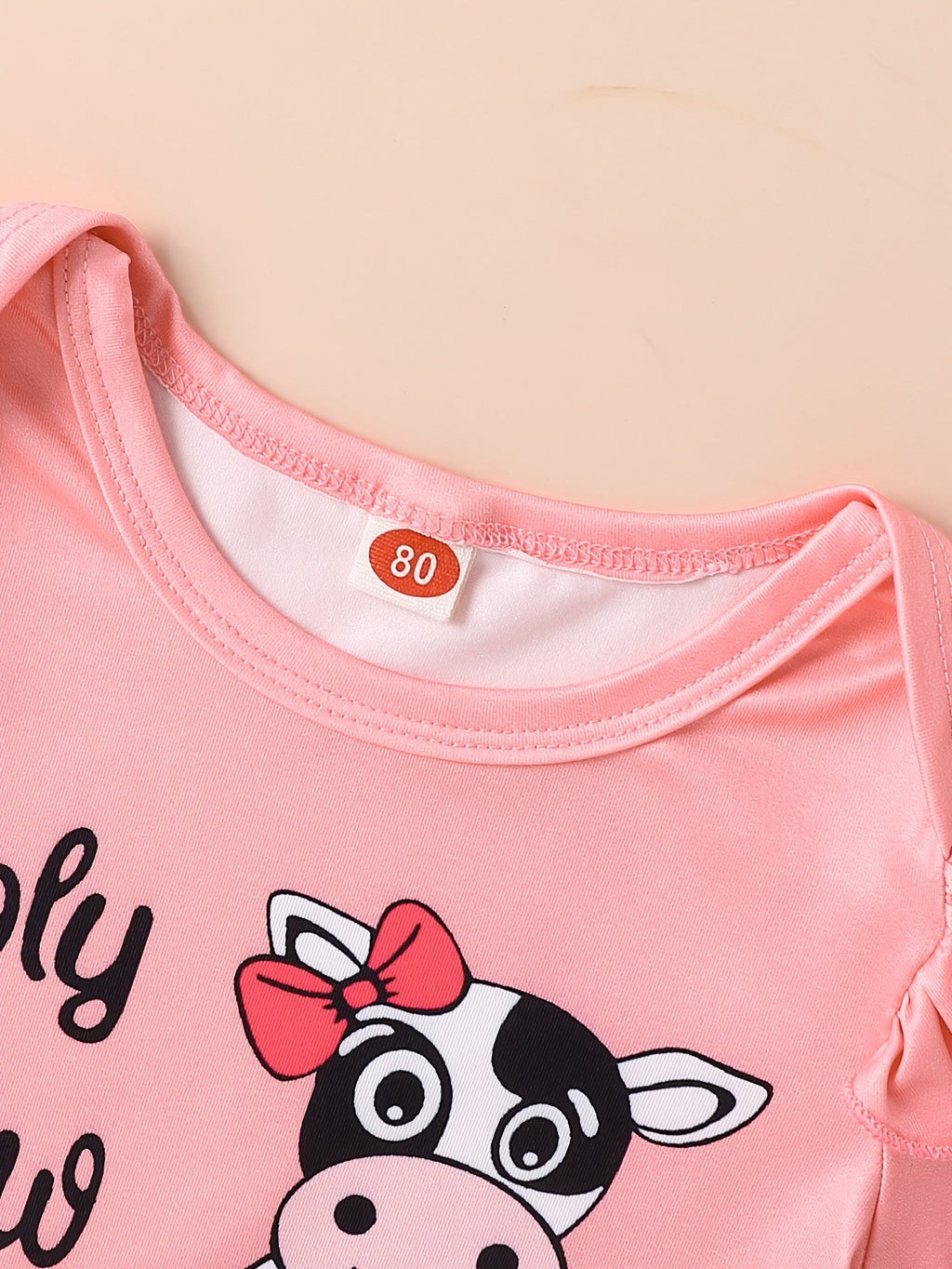 Baby Girls' Two Pink Outfit Sets with Printed Bodysuits and Pants in Cow and Princess-Themed Designs