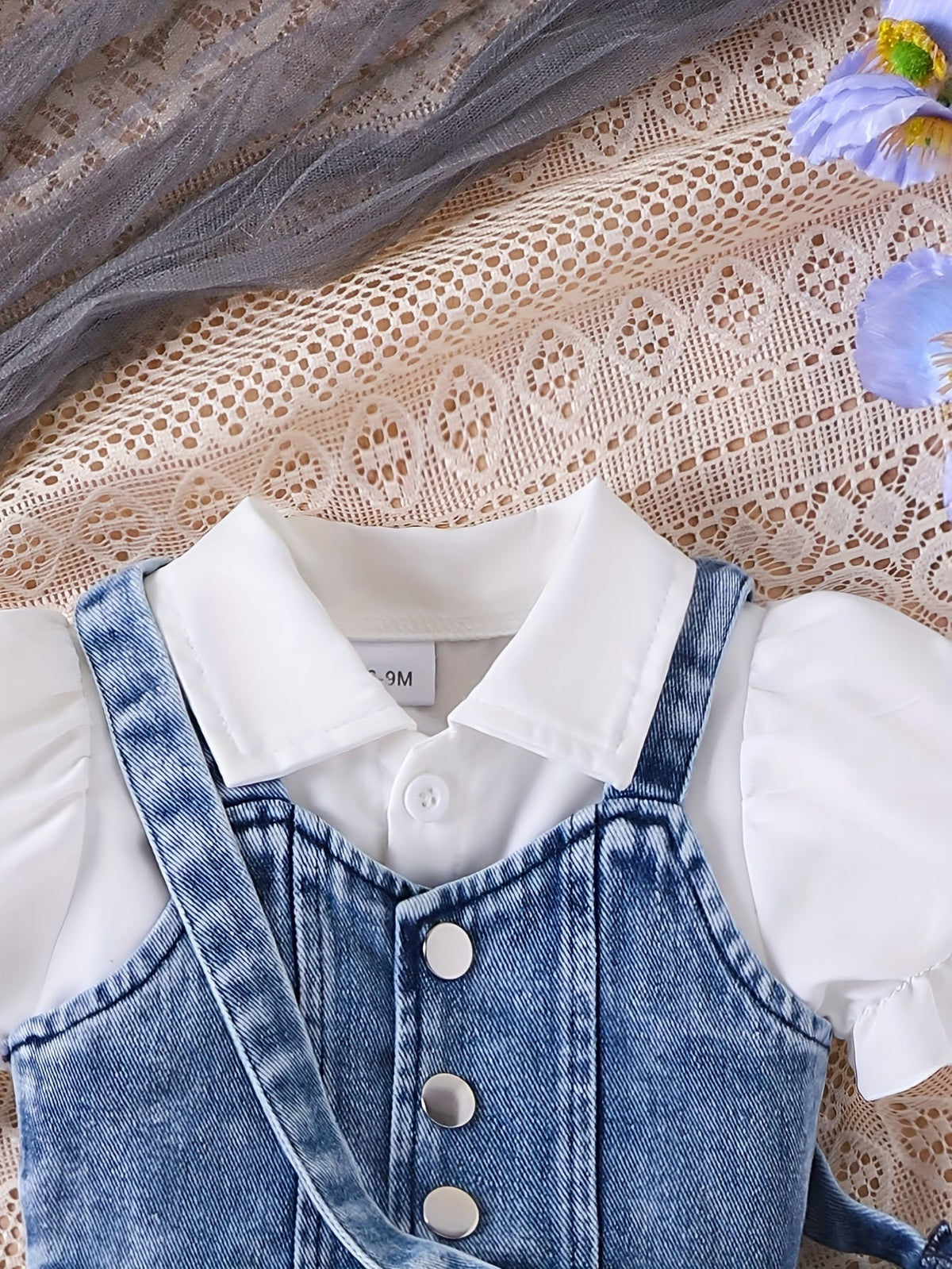 Baby Girls' Three Piece White Dress Outfit with a Denim Vest and Matching Bow Detail Crossbody Bag