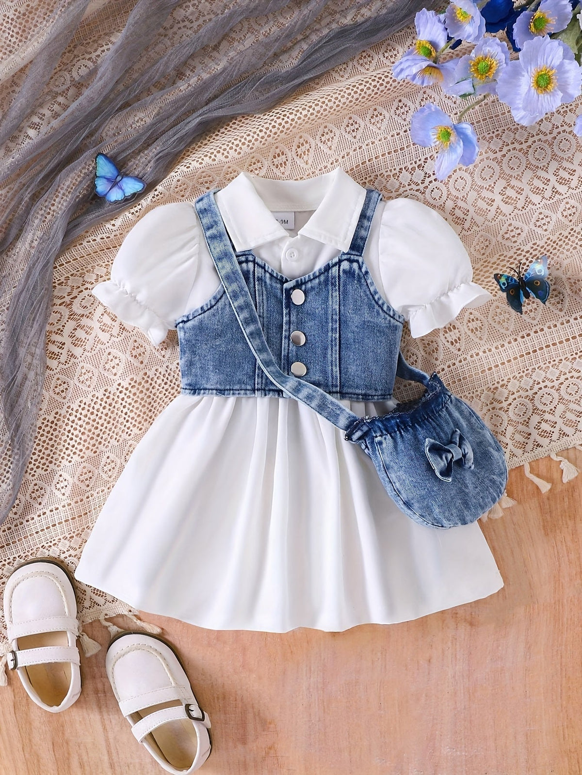 Baby Girls' Three Piece White Dress Outfit with a Denim Vest and Matching Bow Detail Crossbody Bag