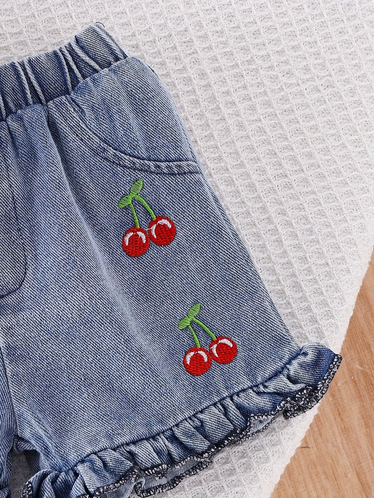 Baby Girls Red Bow Peplum Top and Cherry Embroidered Denim Shorts Set for Summer Outings and Photos