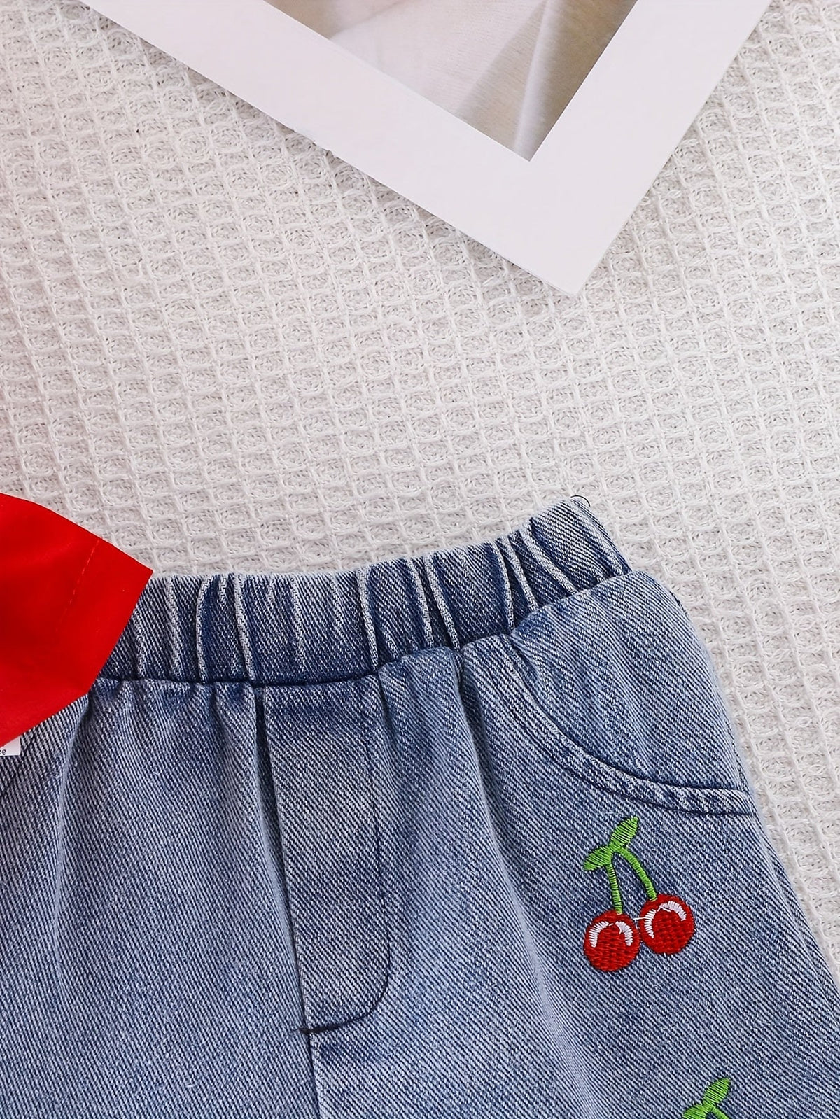 Baby Girls Red Bow Peplum Top and Cherry Embroidered Denim Shorts Set for Summer Outings and Photos