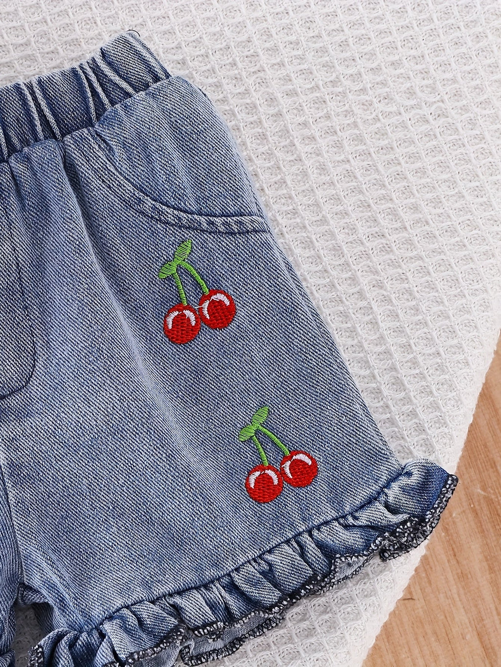Baby Girls Red Bow Peplum Top and Cherry Embroidered Denim Shorts Set for Summer Outings and Photos